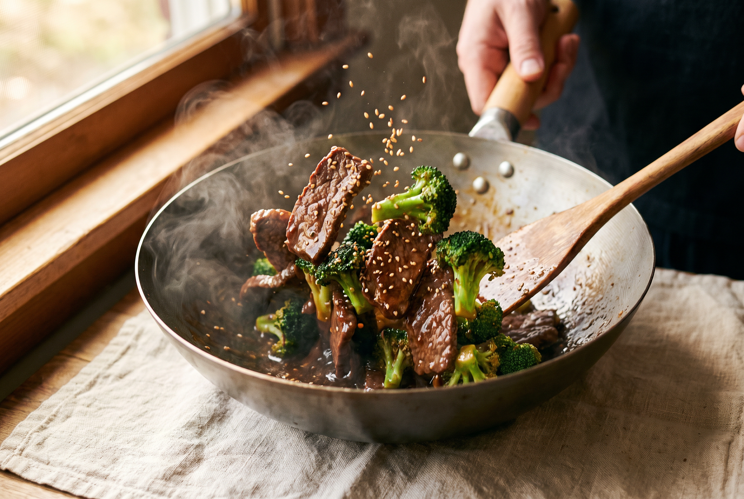 Seared beef and broccoli being tossed together in glossy garlic ginger sauce with sesame seeds