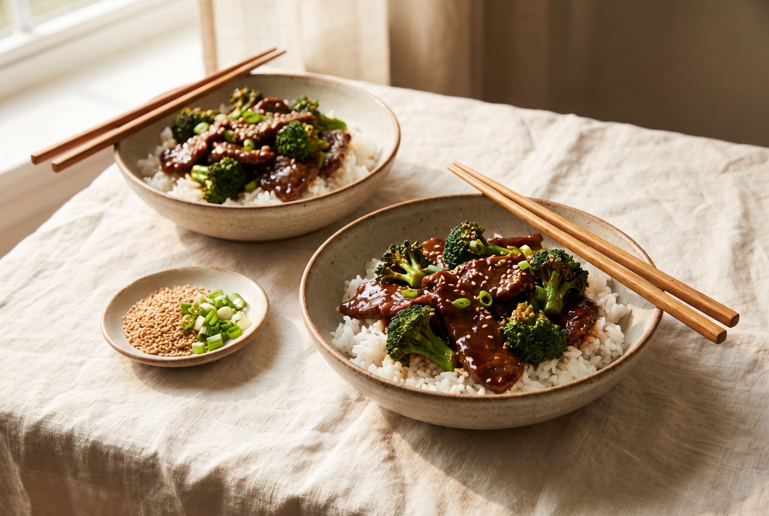 Two bowls of easy beef and broccoli over white rice with chopsticks, sesame seeds and scallions — 25-minute high protein dinner