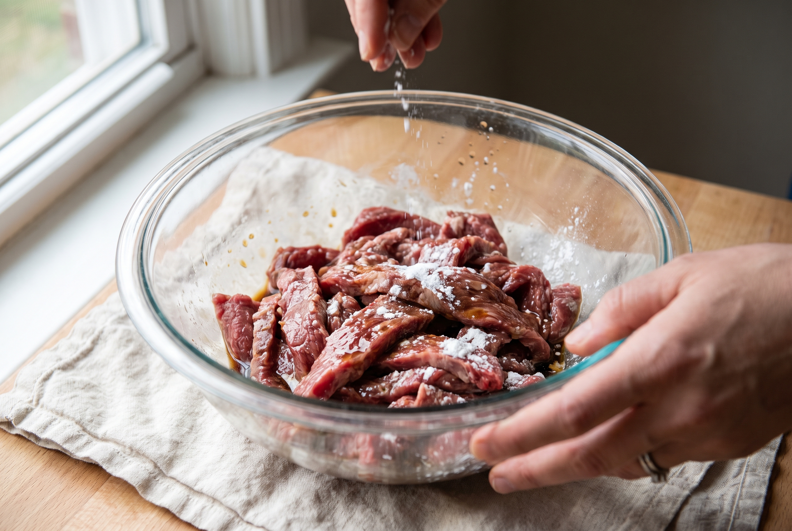 Thin slices of flank steak being tossed with cornstarch and soy sauce to velvet the beef for beef and broccoli