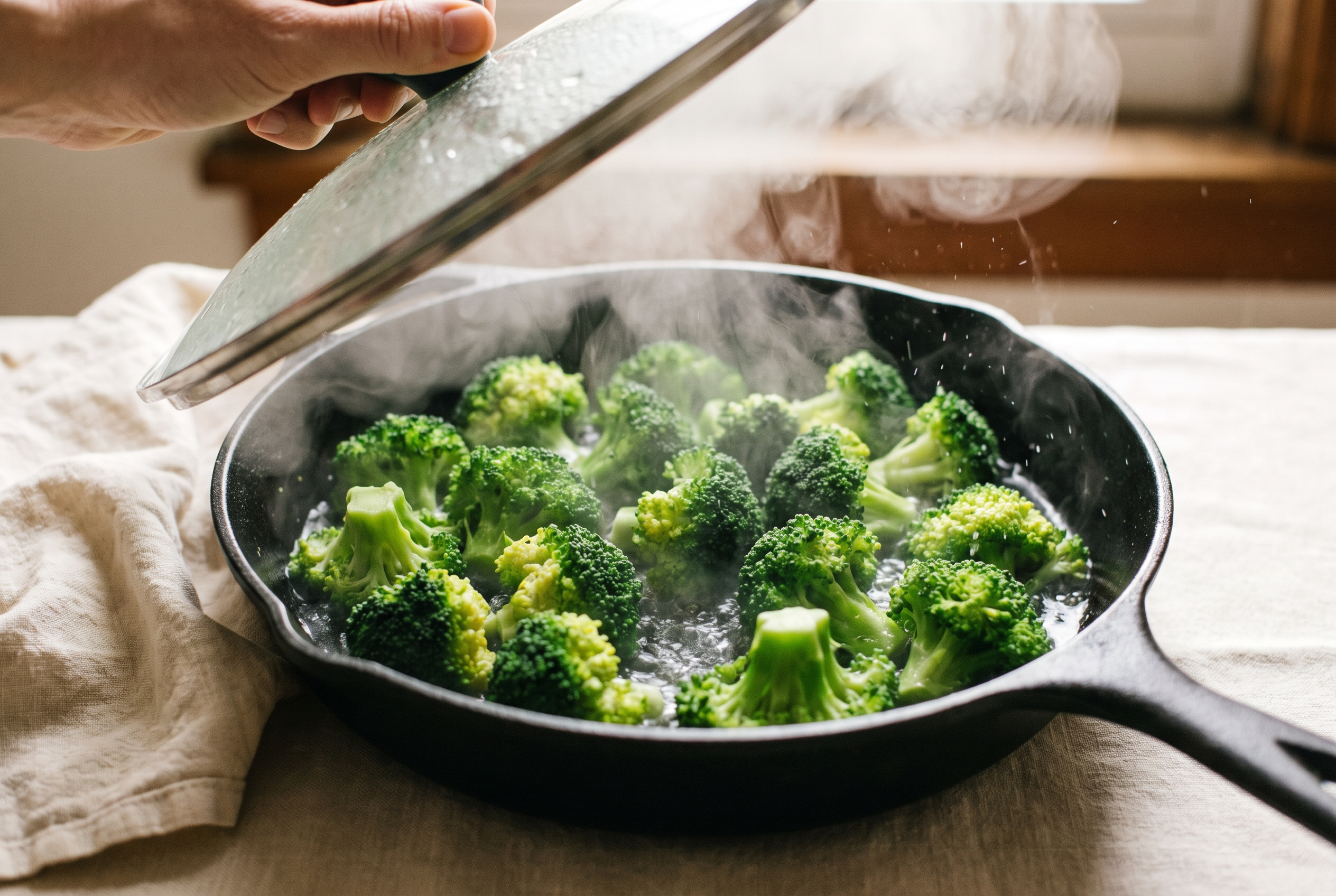 Bright green broccoli florets steaming in a skillet with the lid lifted for beef and broccoli stir fry