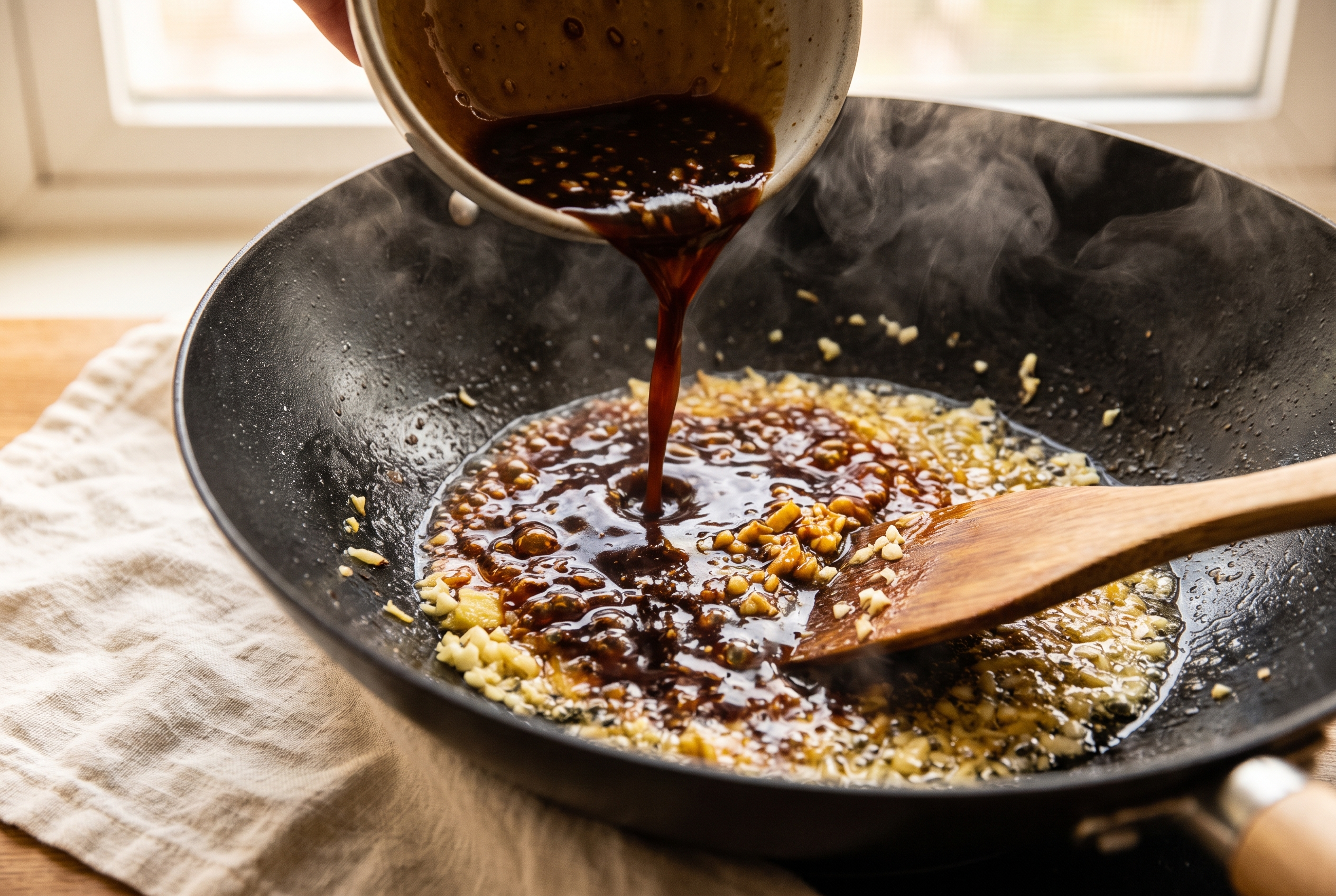 Dark glossy garlic ginger sauce bubbling and thickening in a hot wok for beef and broccoli