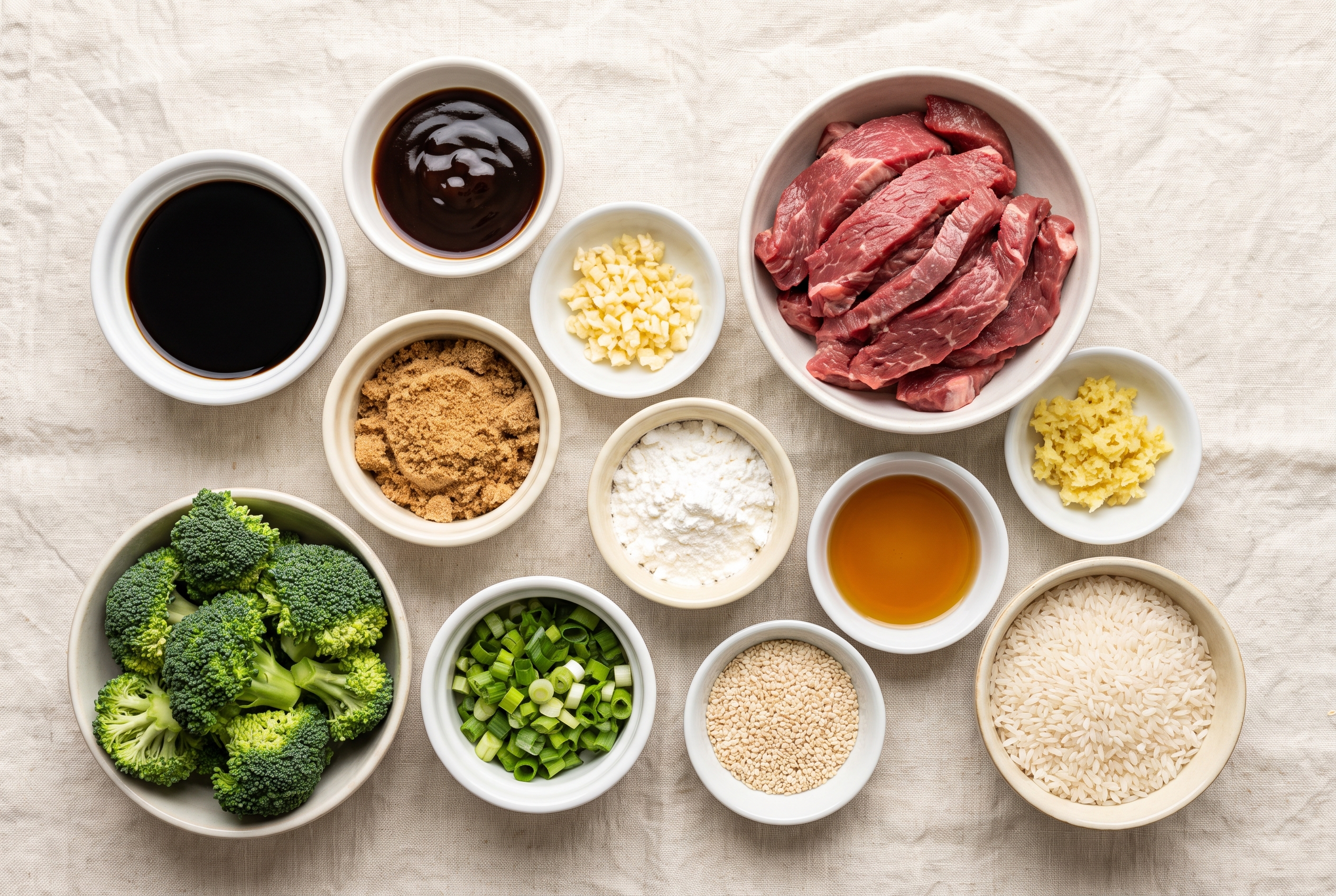Ingredients for beef and broccoli portioned into small bowls — sliced flank steak, broccoli florets, soy sauce, oyster sauce, brown sugar, garlic, ginger, cornstarch, sesame oil, scallions and rice