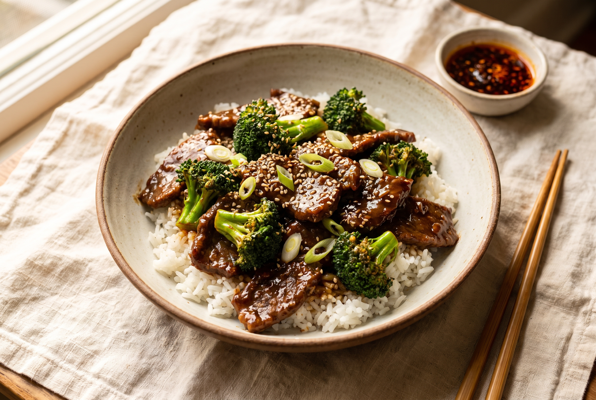 Easy beef and broccoli stir fry with tender sliced flank steak and bright green broccoli in a glossy garlic ginger sauce over white rice — 25-minute takeout-style dinner recipe