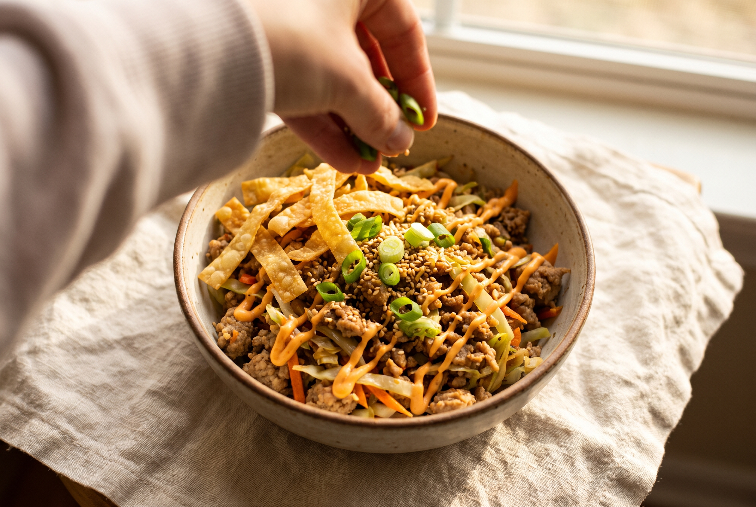 Finishing egg roll in a bowl with sliced scallions, sesame seeds, wonton strips and a creamy sriracha drizzle