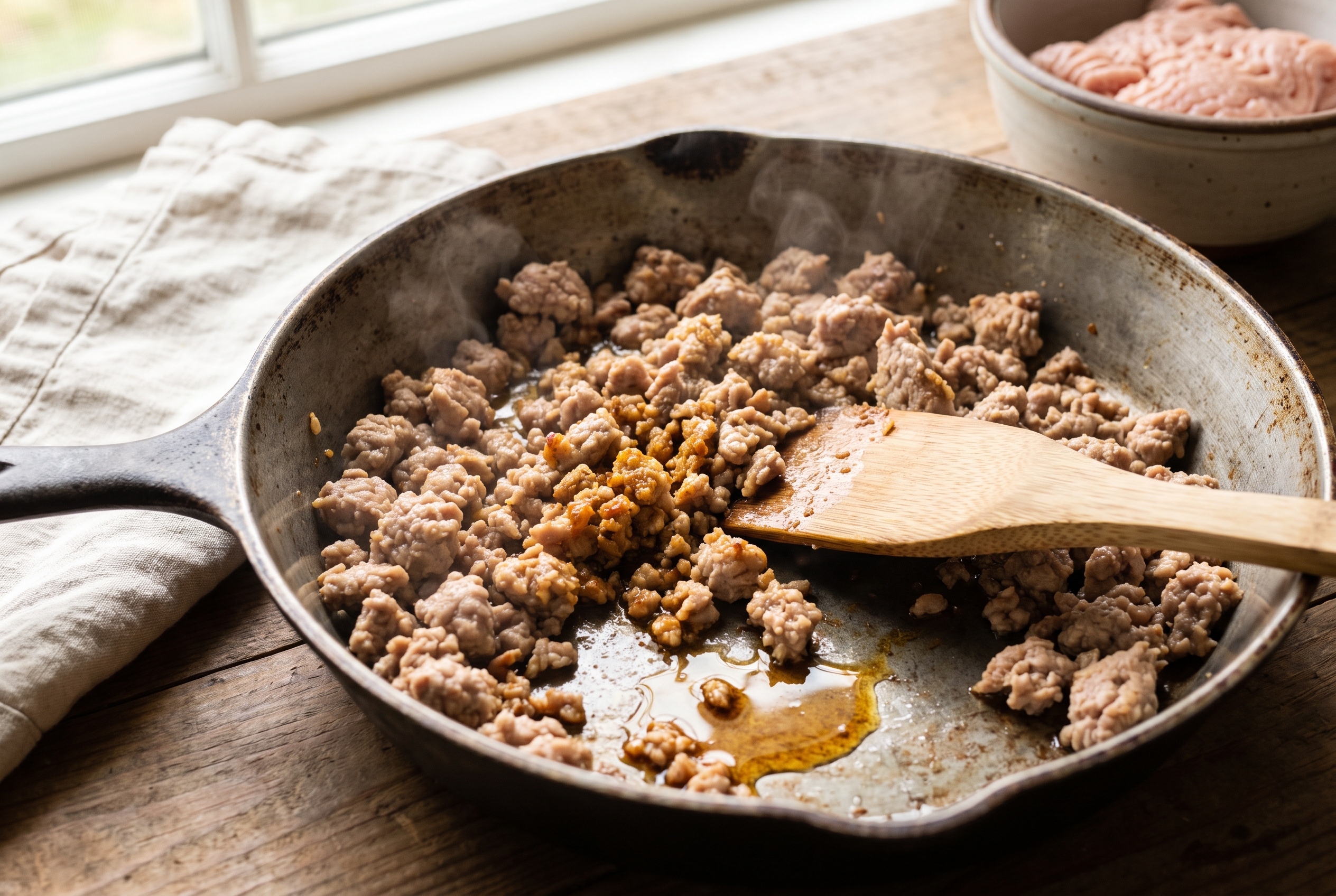 Lean ground turkey browning in a large skillet with sesame oil for egg roll in a bowl