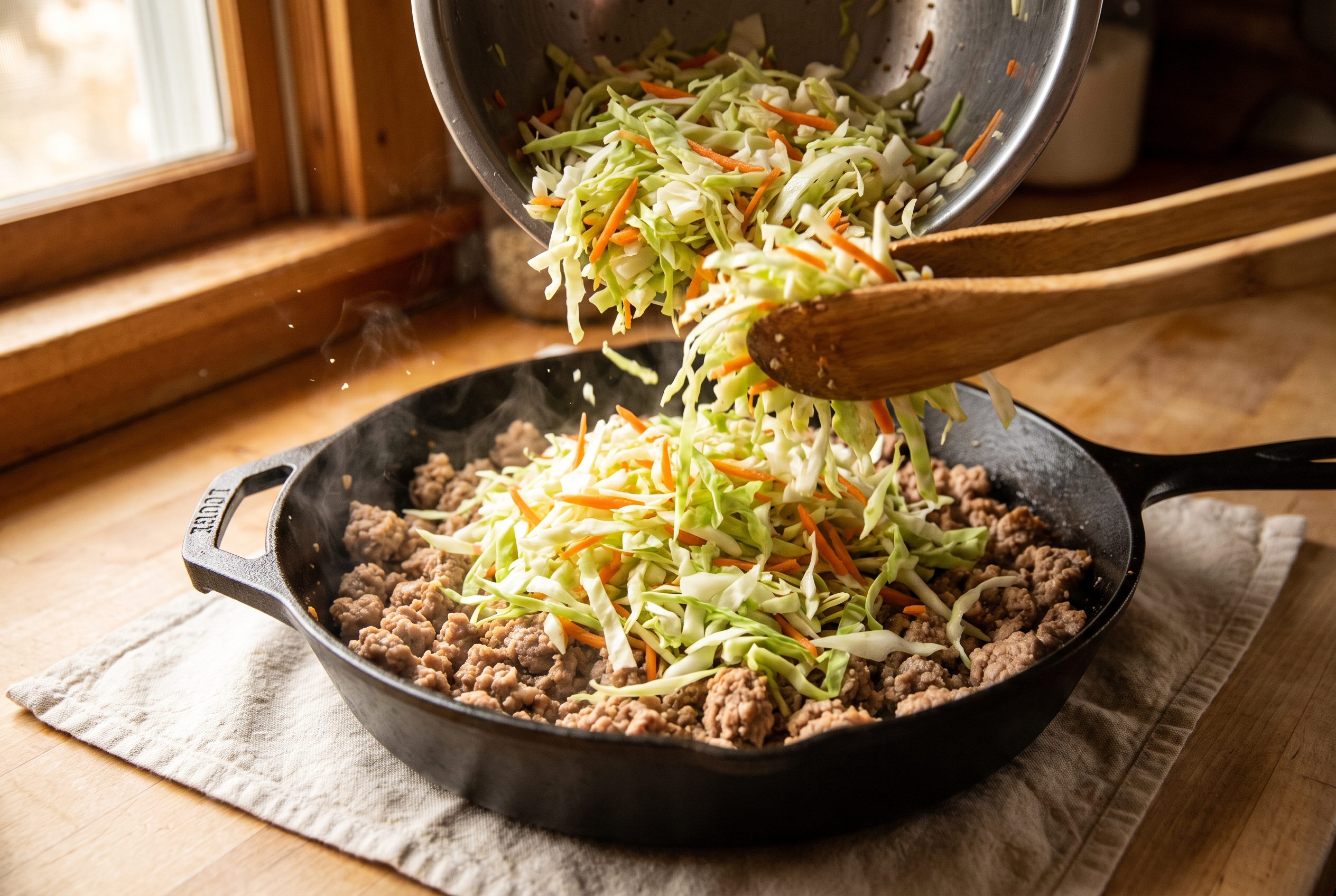 Shredded cabbage and carrot coleslaw mix being tossed on top of browned ground turkey in a skillet