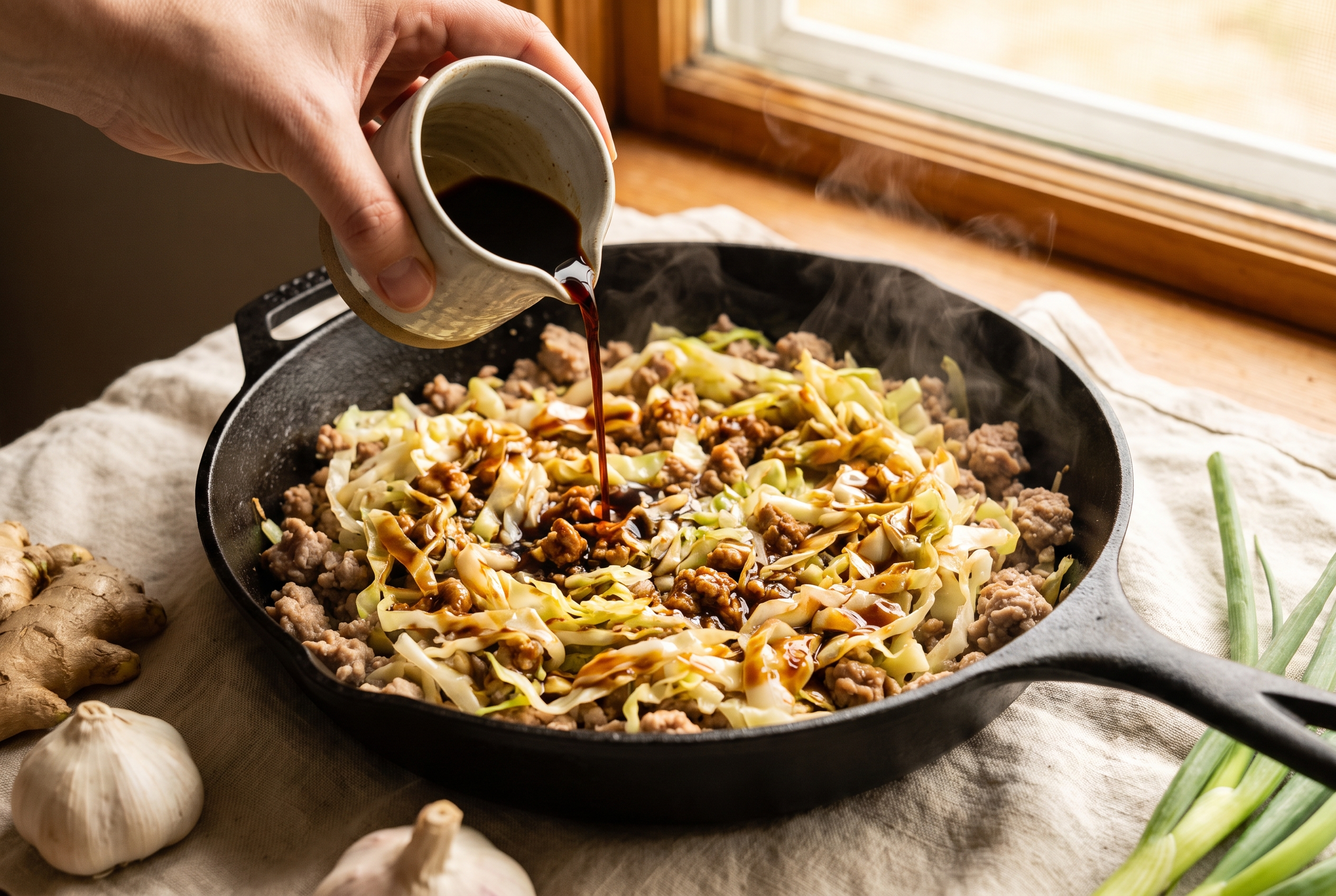 Soy sauce and rice vinegar being poured over ground turkey and wilted cabbage in a skillet for egg roll in a bowl