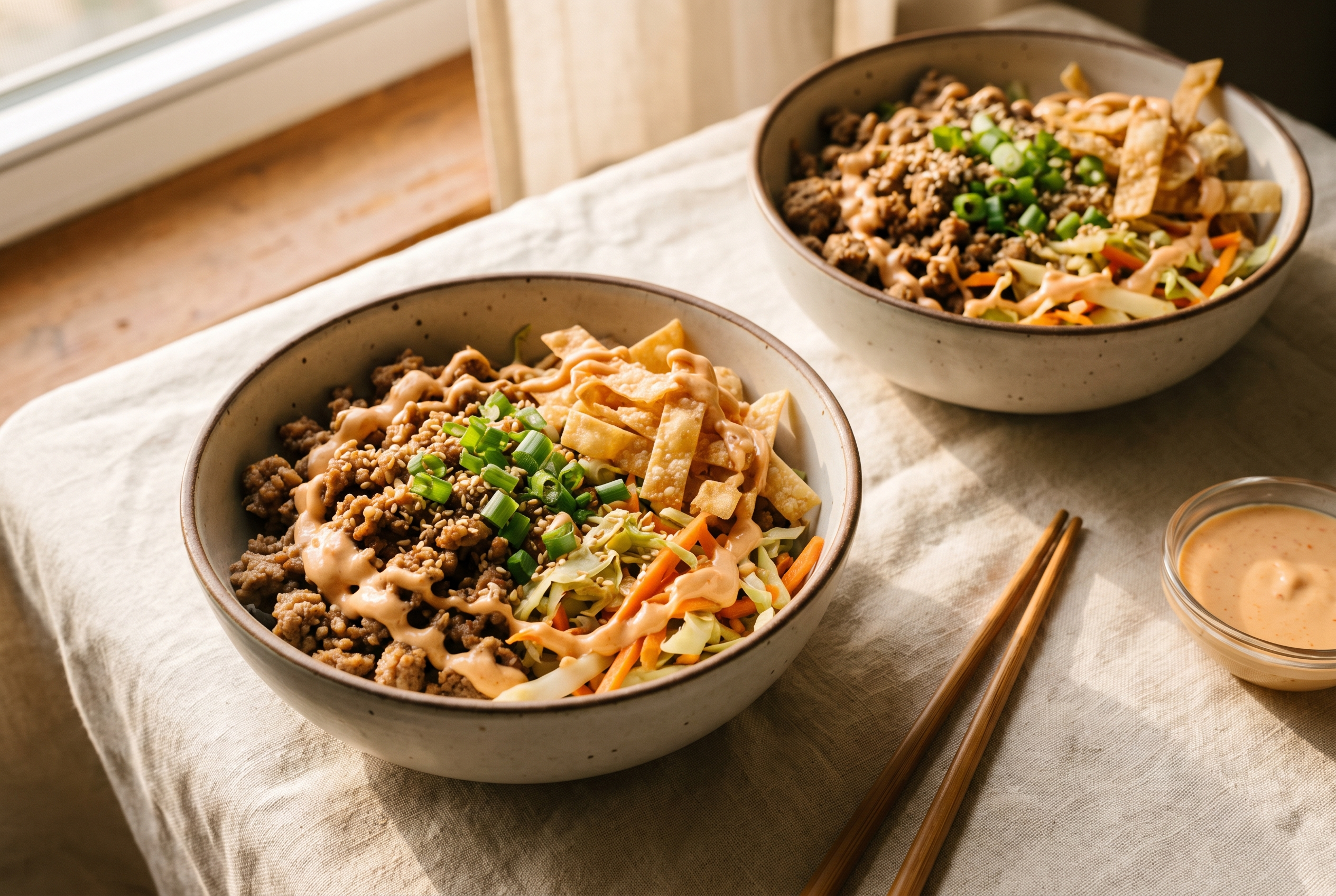 Two bowls of high protein egg roll in a bowl on cream linen with chopsticks and extra sriracha sauce — easy 20-minute one-skillet dinner