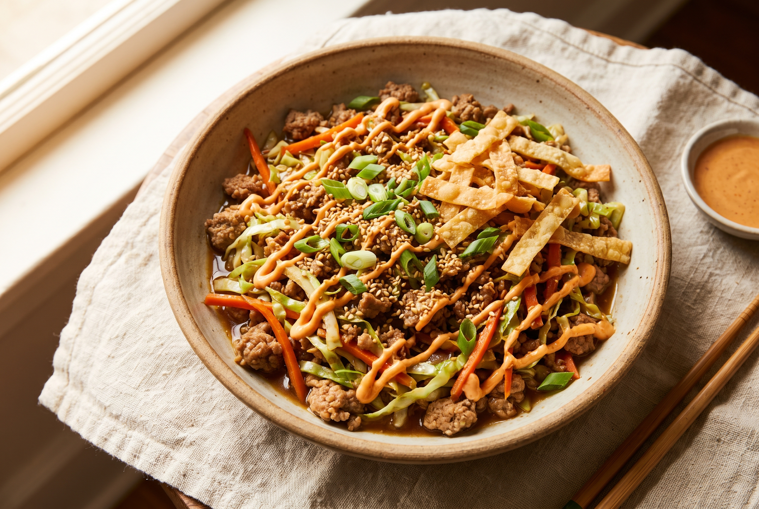 Egg roll in a bowl — browned ground turkey with shredded cabbage and carrot in soy ginger sauce topped with scallions, sesame seeds, wonton strips and creamy sriracha drizzle — easy 20-minute high protein recipe