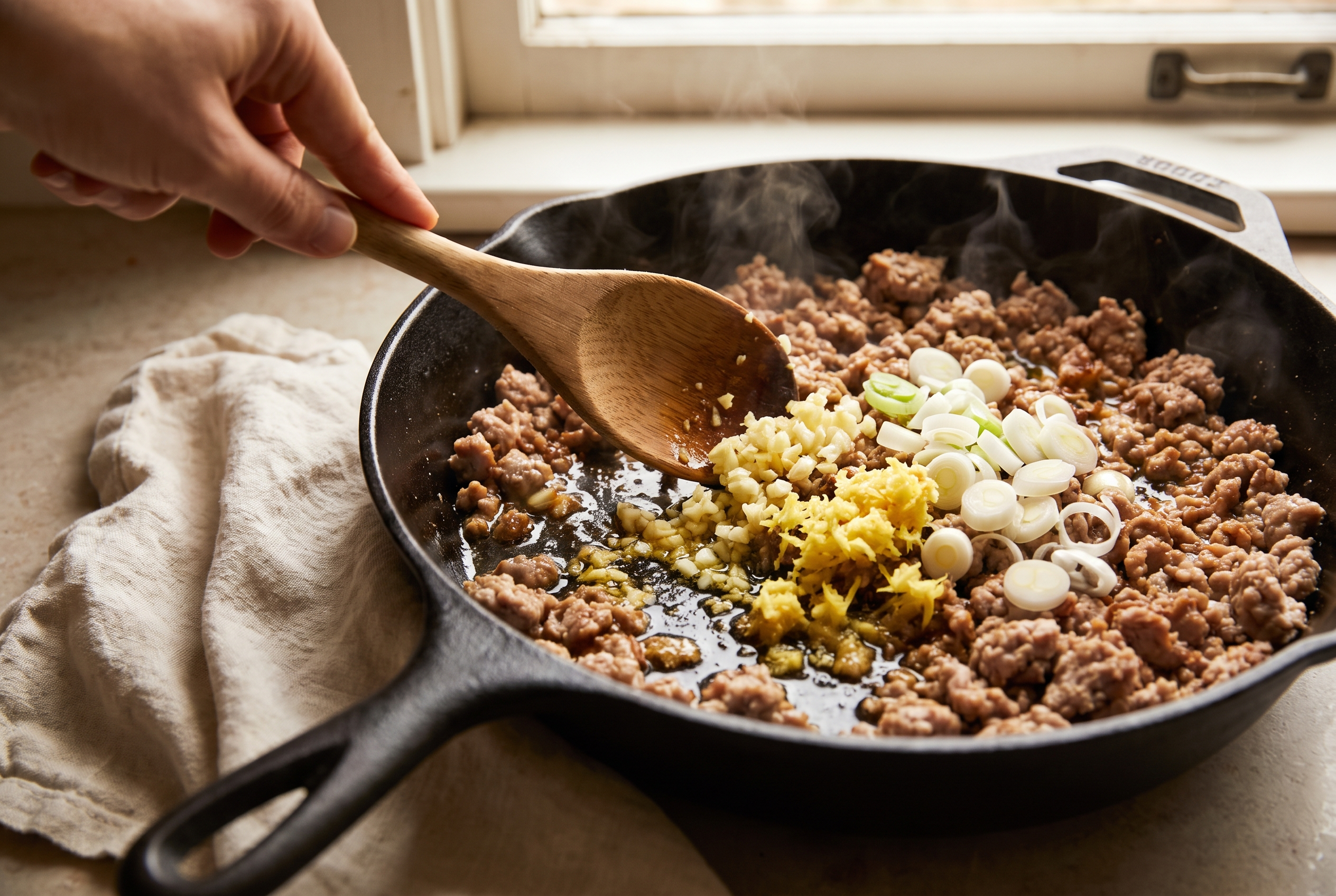 Minced garlic, grated ginger and sliced scallions being stirred into browned ground turkey in a skillet