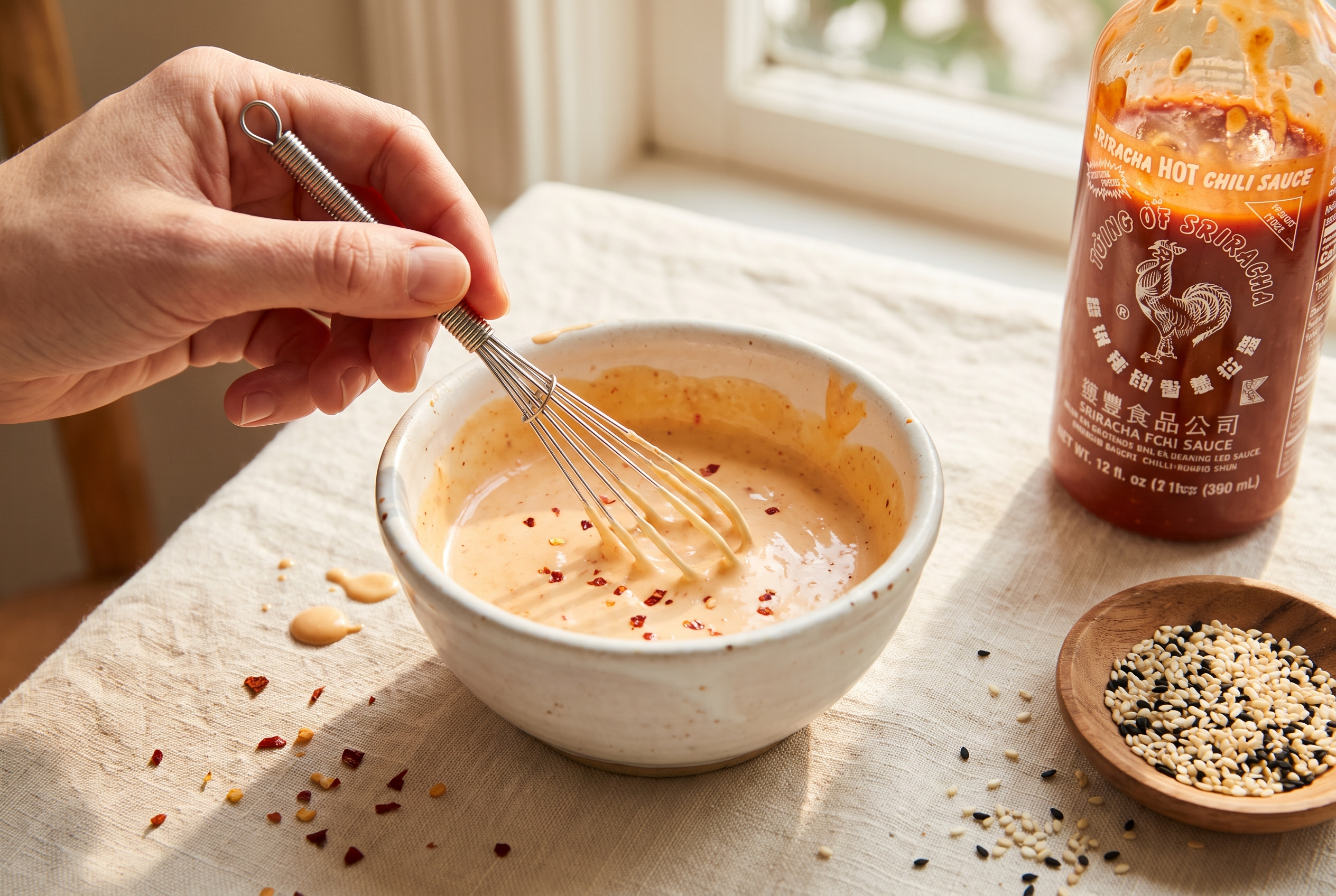 Creamy sriracha Greek yogurt sauce being whisked in a small white bowl beside a bottle of sriracha