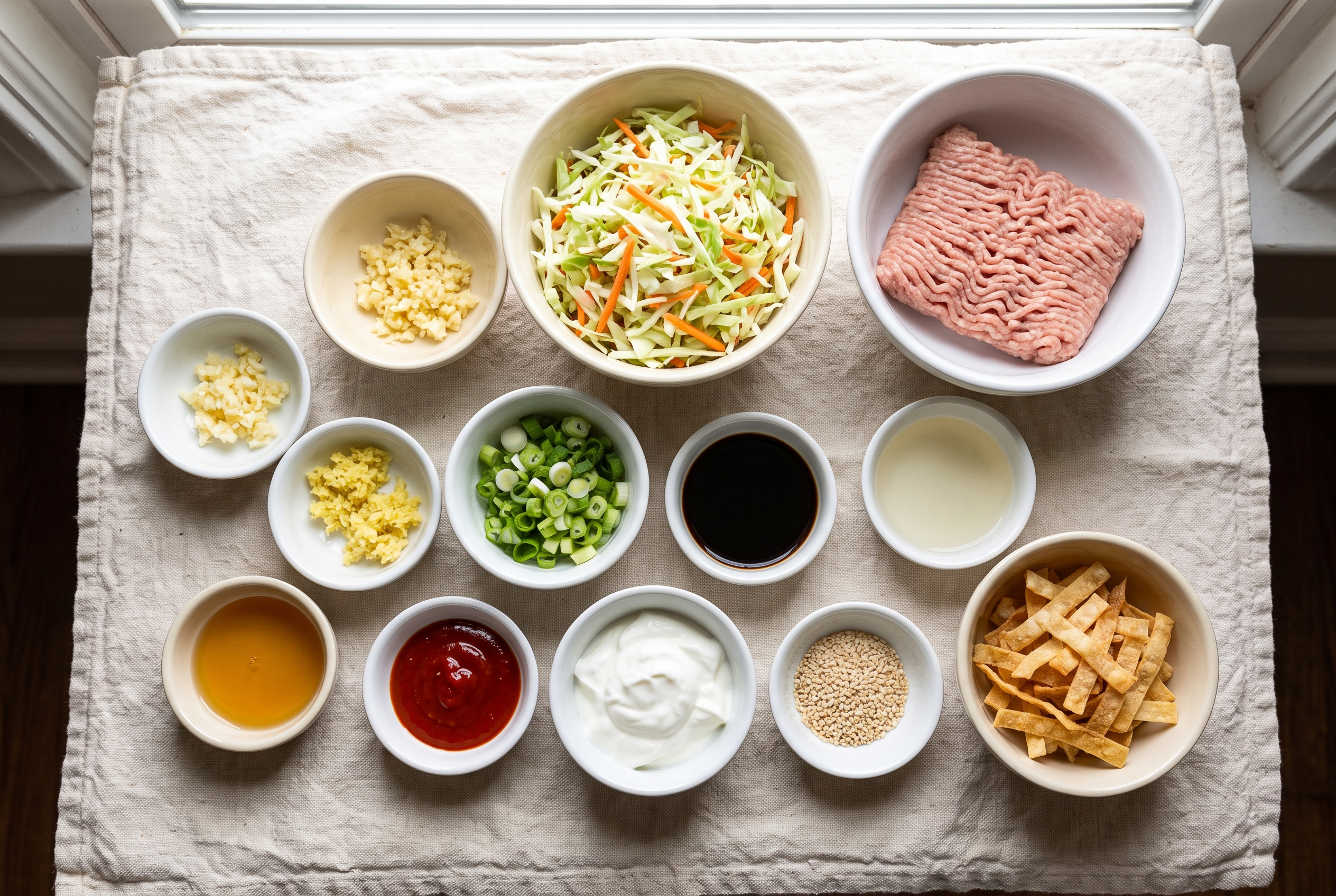 Ingredients for egg roll in a bowl portioned into small bowls — ground turkey, coleslaw mix, garlic, ginger, scallions, soy sauce, rice vinegar, sesame oil, sriracha, Greek yogurt, sesame seeds and wonton strips