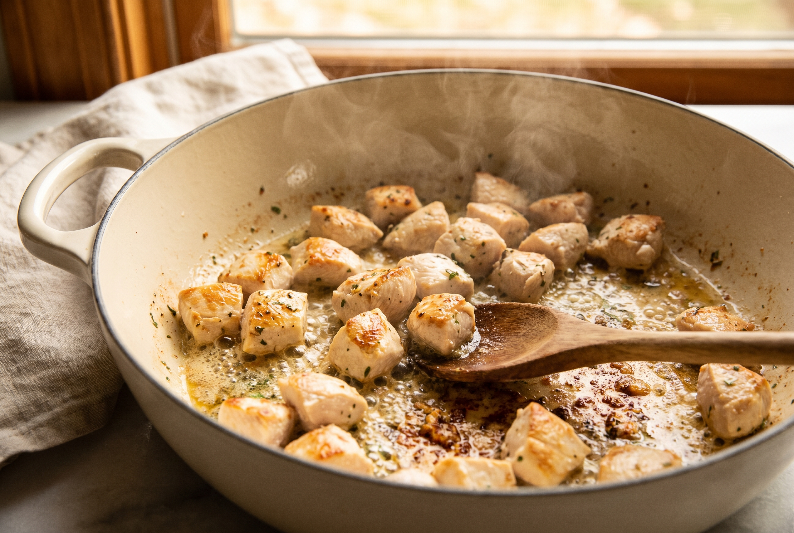 Seasoned diced chicken breast searing golden in butter in a wide pot for one pot chicken alfredo pasta