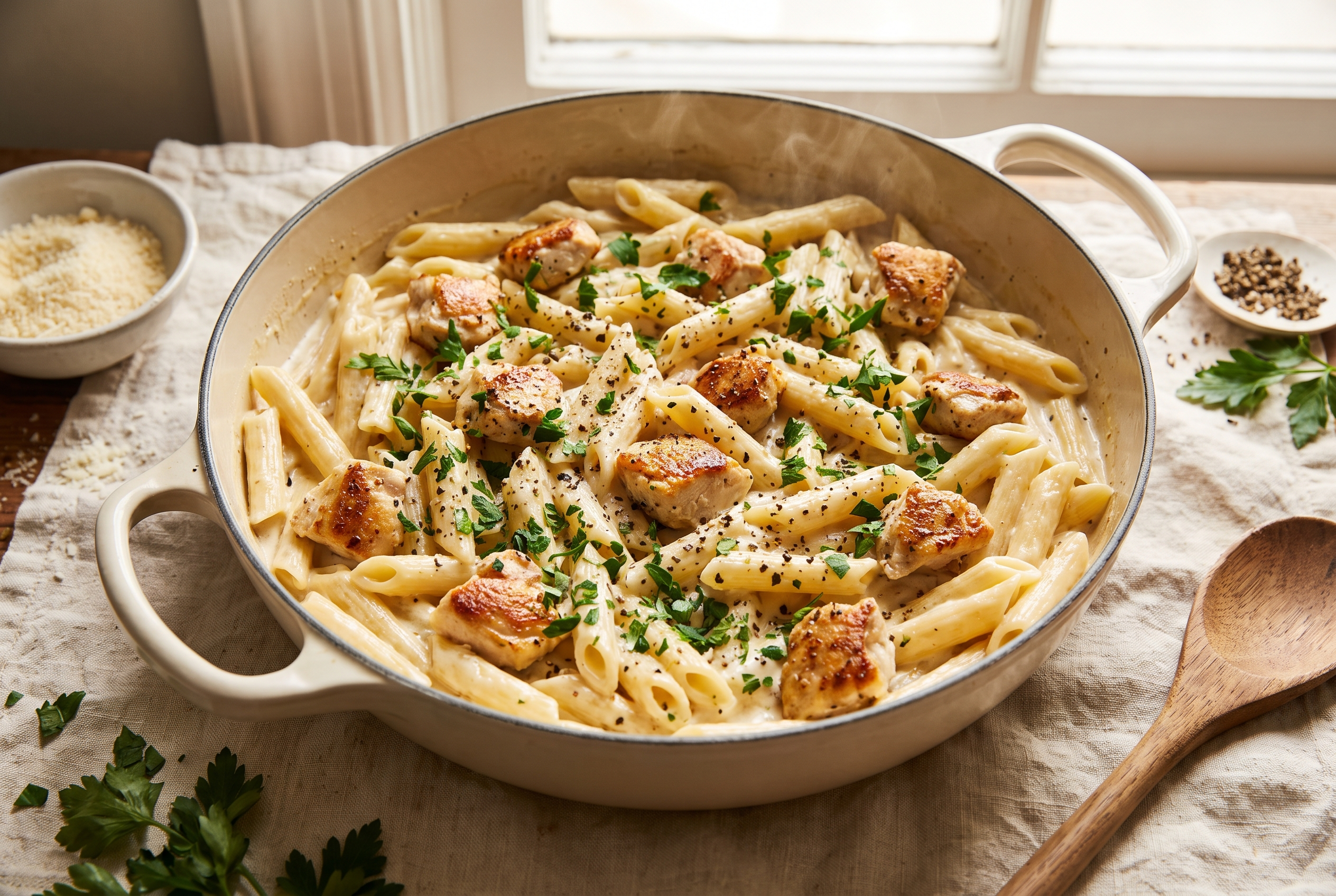 One pot chicken alfredo pasta — creamy parmesan penne with golden seared chicken and parsley in a wide enamel pot, easy 30-minute dinner recipe