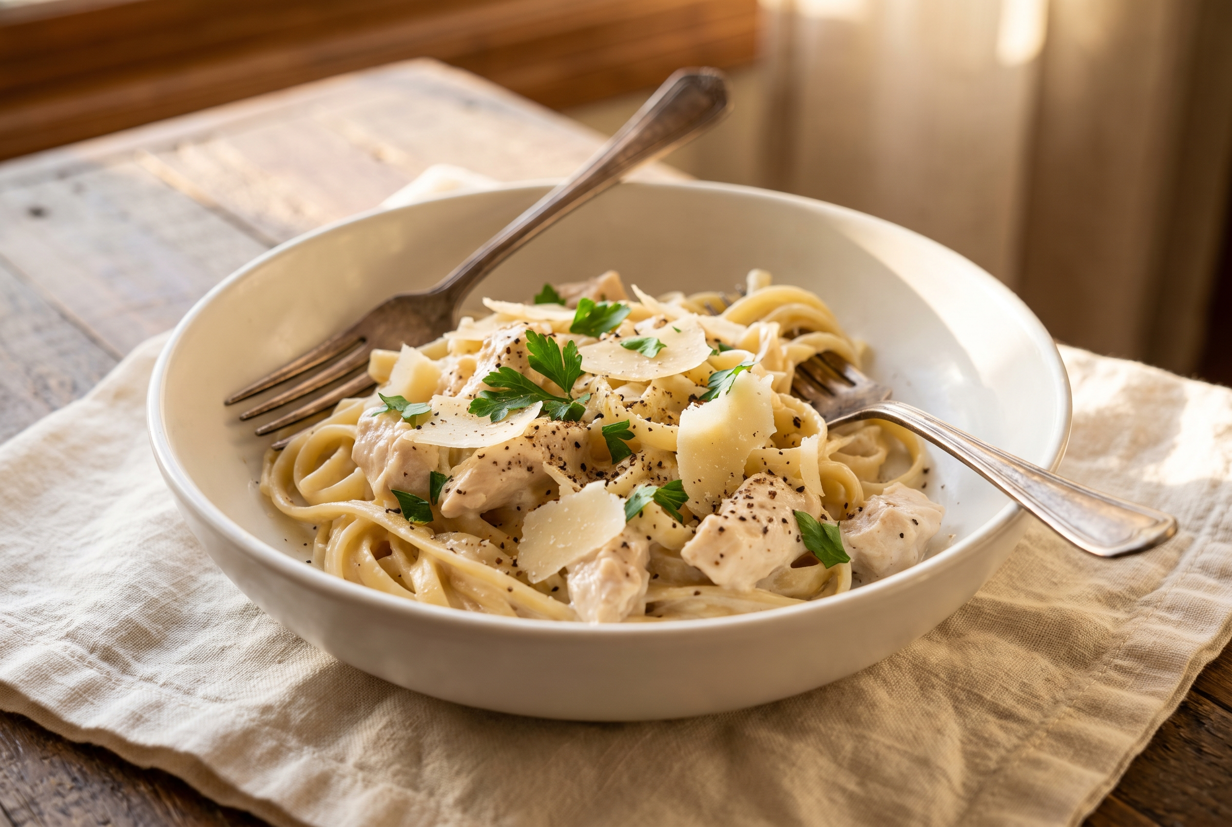 Bowl of creamy one pot chicken alfredo pasta with parmesan shavings and parsley — easy 30-minute high protein dinner