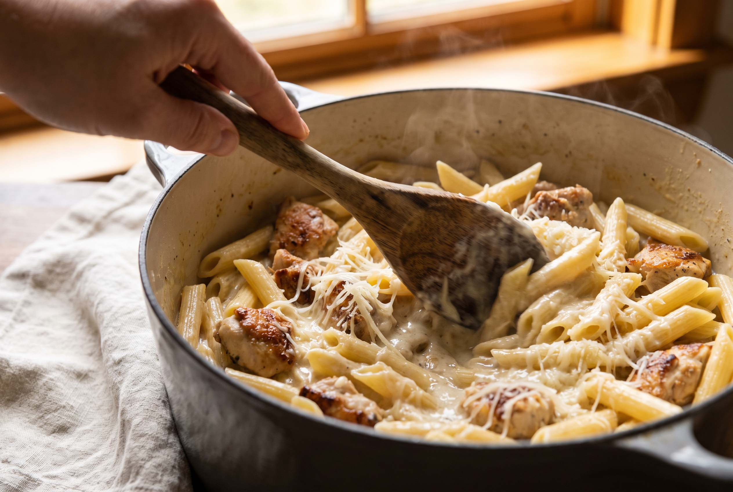 Grated parmesan being stirred into creamy chicken penne, alfredo sauce turning glossy