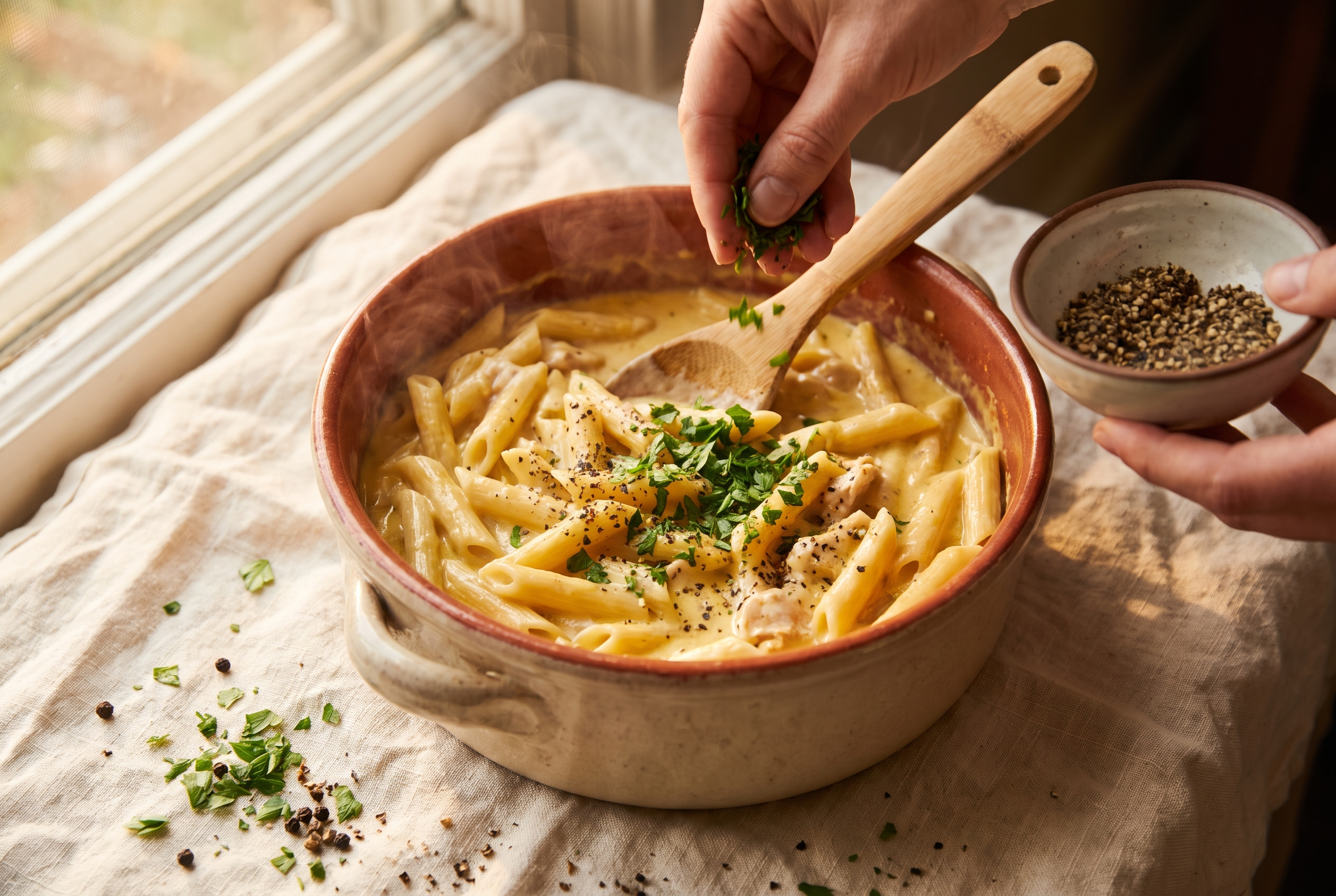 Chopped parsley and black pepper sprinkled over finished one pot chicken alfredo pasta