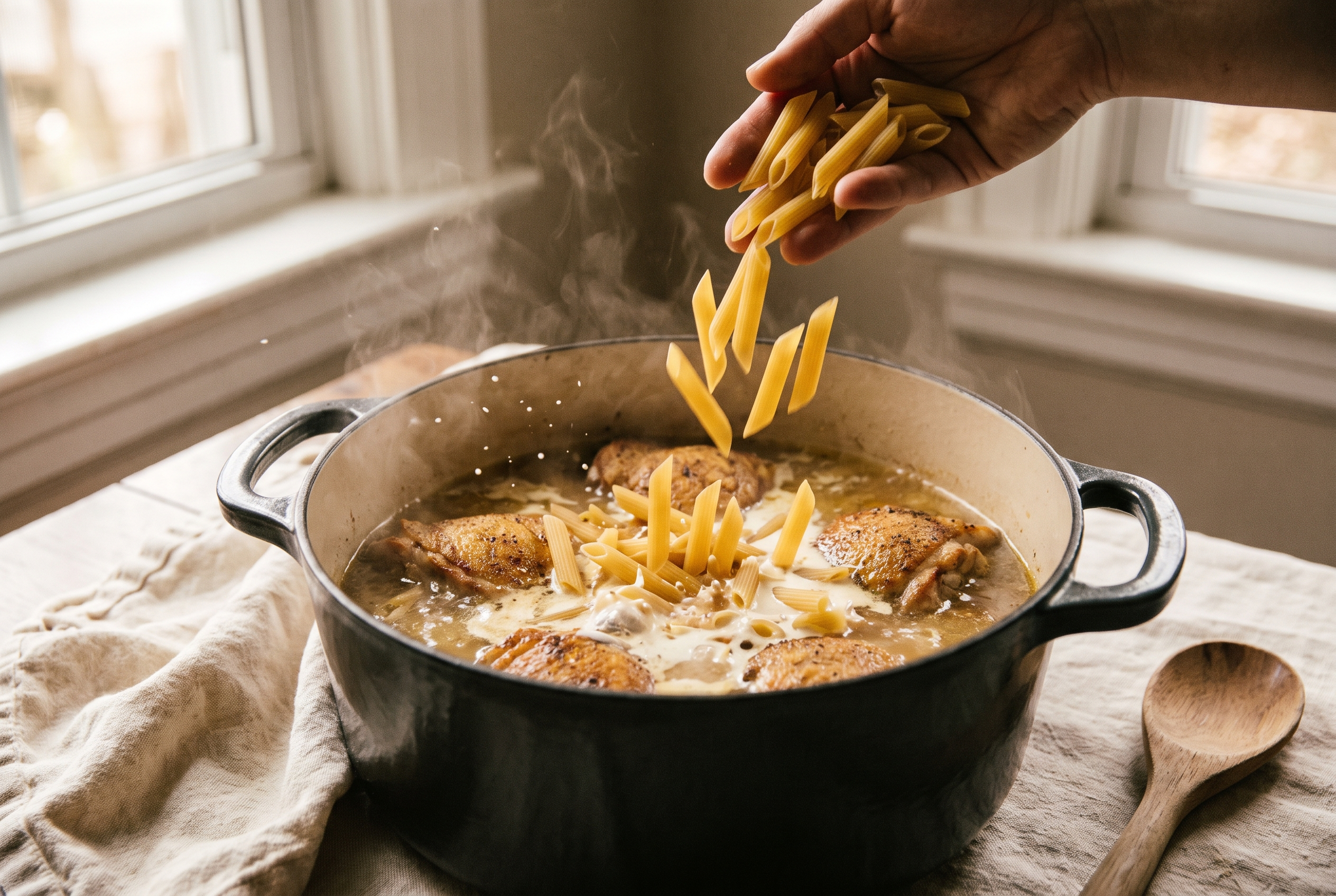Dry penne pasta being poured into a pot of chicken broth, cream and seared chicken for one pot alfredo