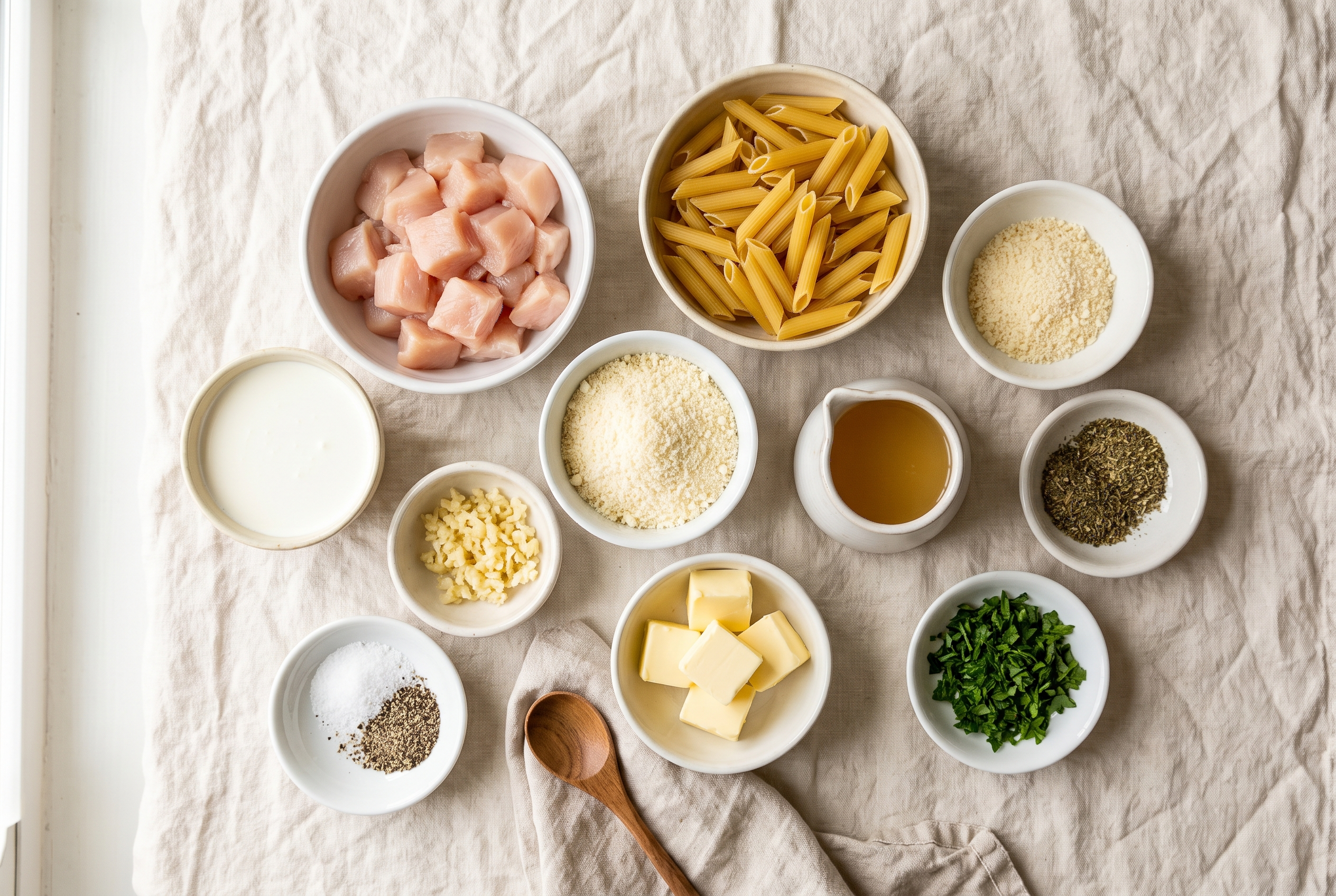 Ingredients for one pot chicken alfredo pasta in small bowls — diced chicken breast, penne, heavy cream, grated parmesan, garlic, butter, chicken broth, Italian seasoning and parsley