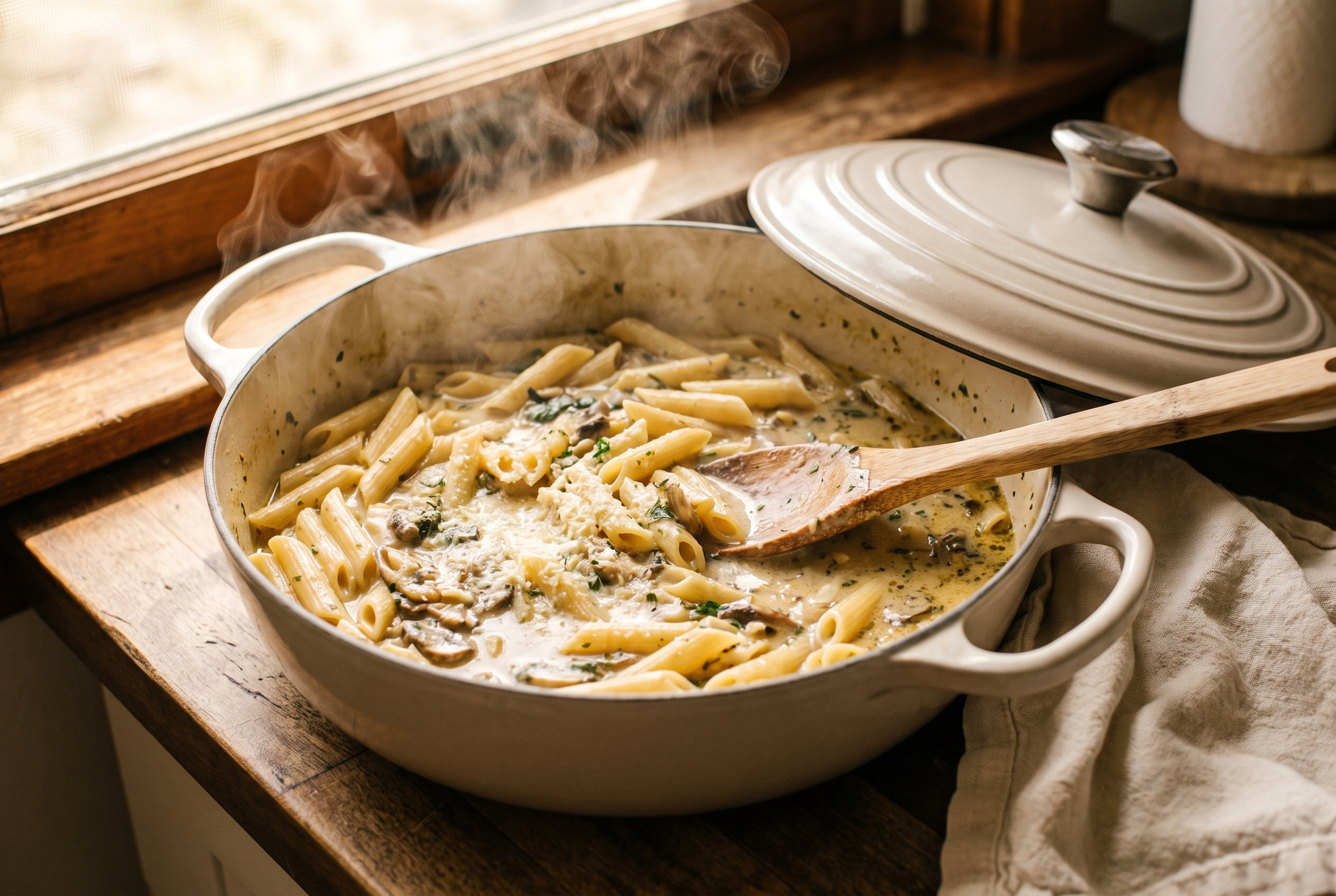 Penne simmering in creamy broth in a covered pot, one pot chicken alfredo pasta in progress