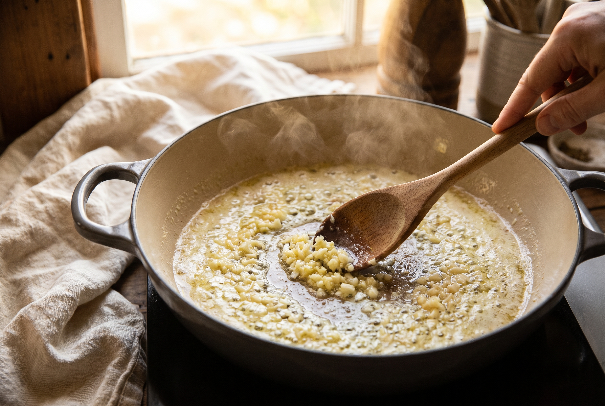 Minced garlic sizzling in melted butter in a pot, the base of homemade alfredo sauce
