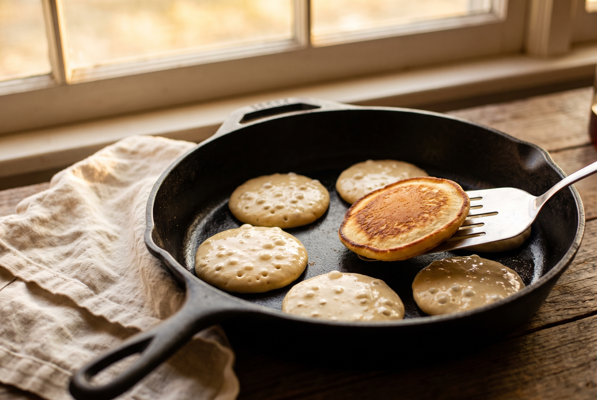 Cottage cheese pancakes cooking in a skillet with bubbles on top and a spatula lifting one golden edge