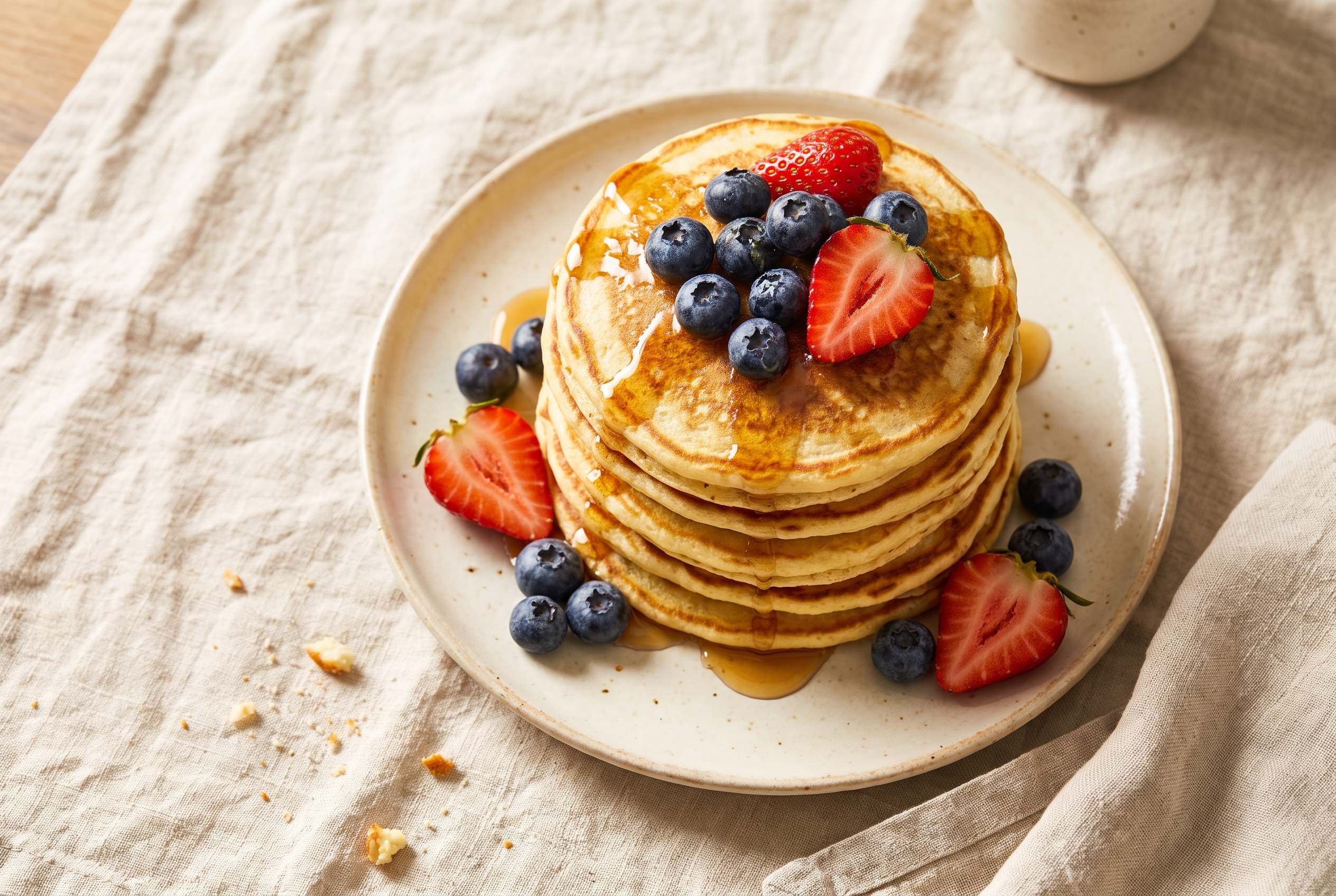 Cottage cheese protein pancakes — tall fluffy stack with blueberries, strawberries and maple syrup, easy 15-minute high protein breakfast recipe