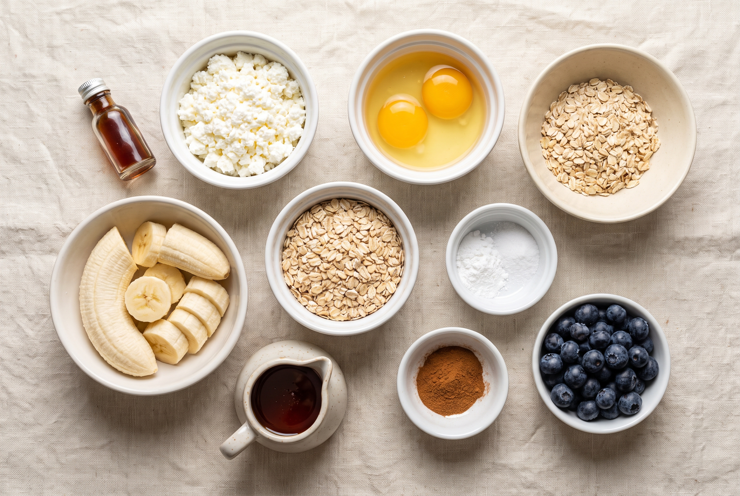 Ingredients for cottage cheese protein pancakes in small bowls — cottage cheese, eggs, rolled oats, banana, vanilla, baking powder, cinnamon, blueberries and maple syrup