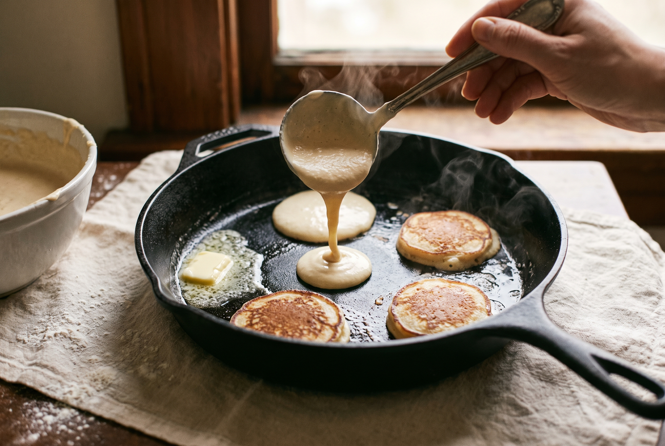 Protein pancake batter being ladled into a buttered nonstick skillet, small round pancakes forming