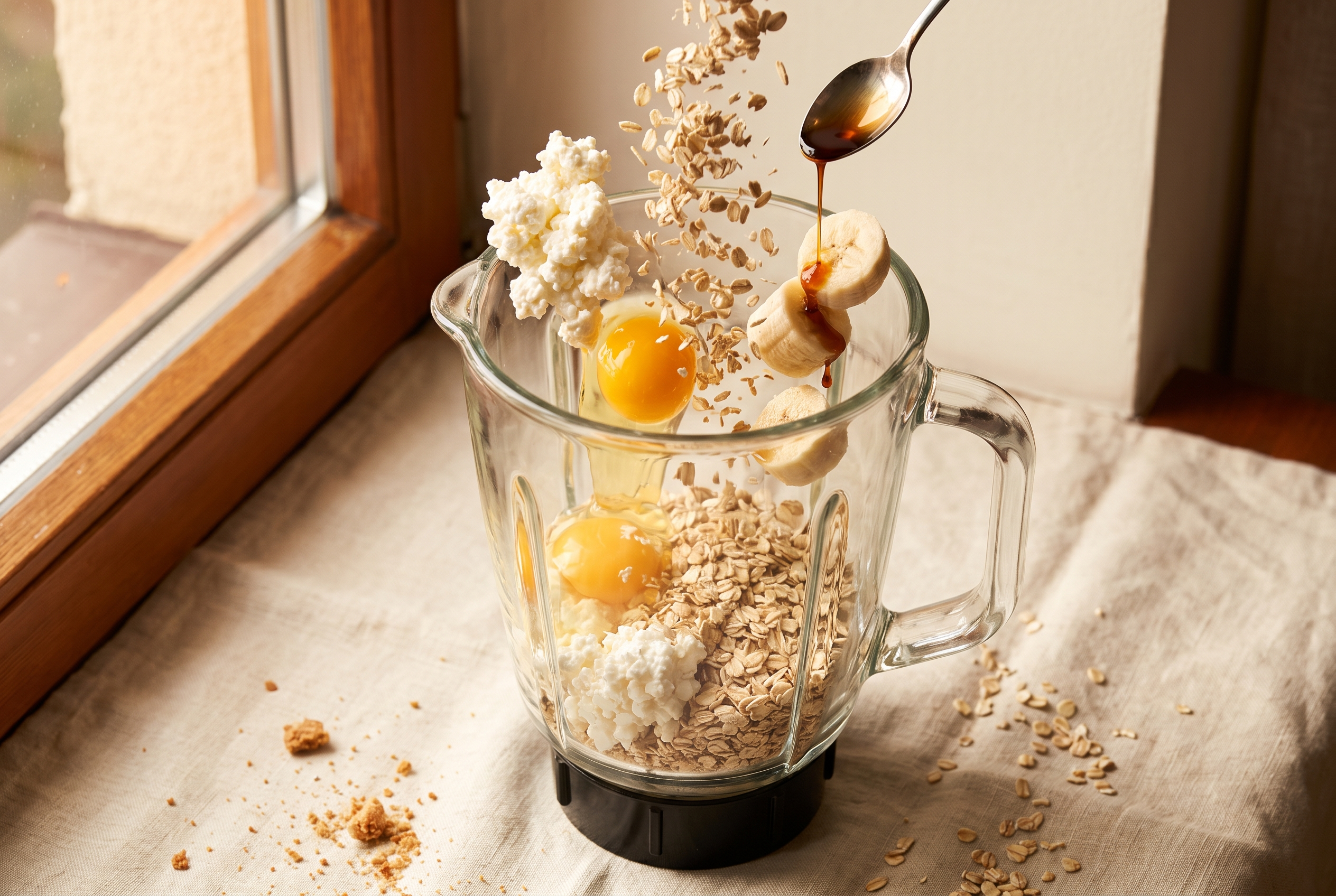 Cottage cheese, eggs, rolled oats and banana being added to a blender for protein pancake batter