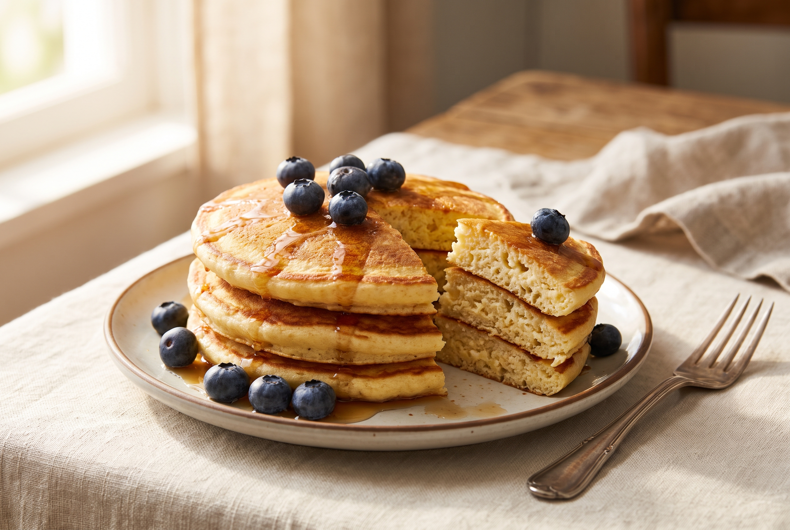 Stack of cottage cheese protein pancakes with a wedge cut out showing the fluffy interior, blueberries and syrup — quick high protein breakfast