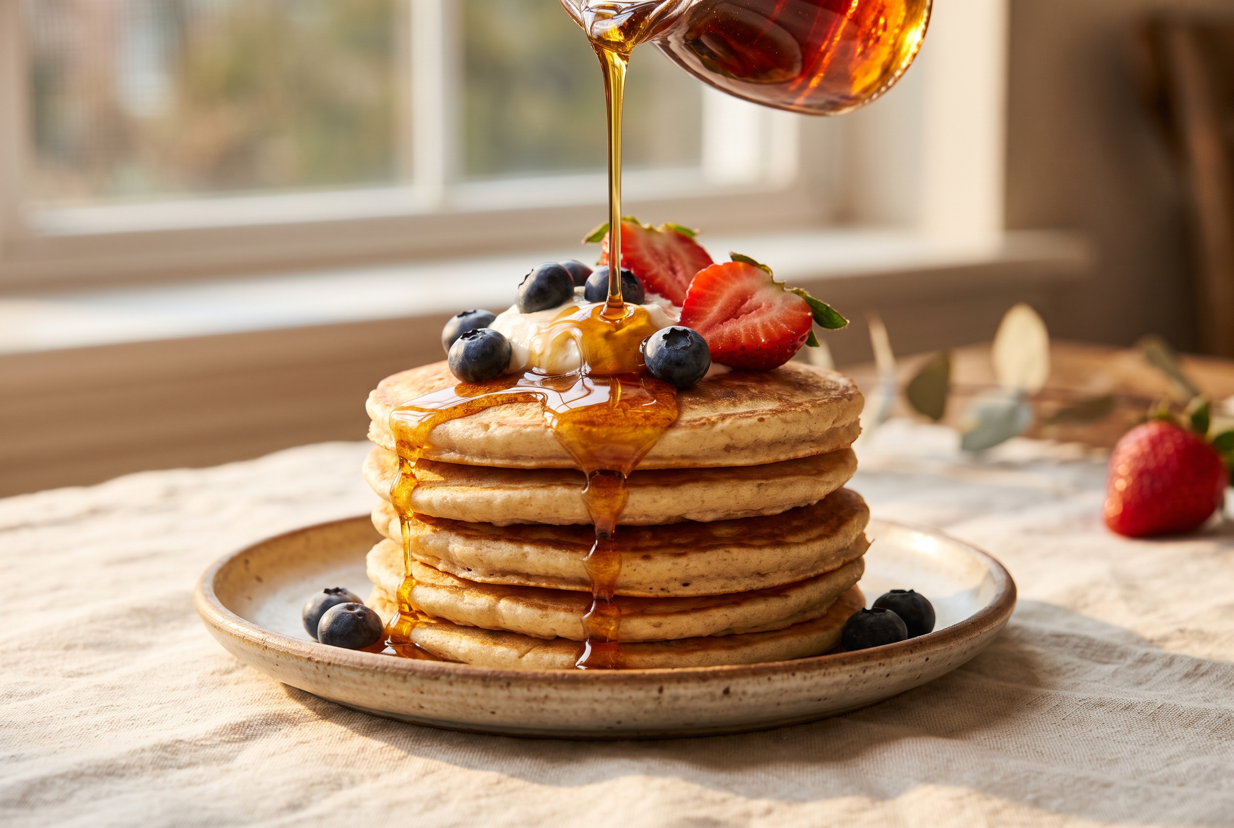 Maple syrup drizzled over a stack of fluffy protein pancakes topped with blueberries and strawberries