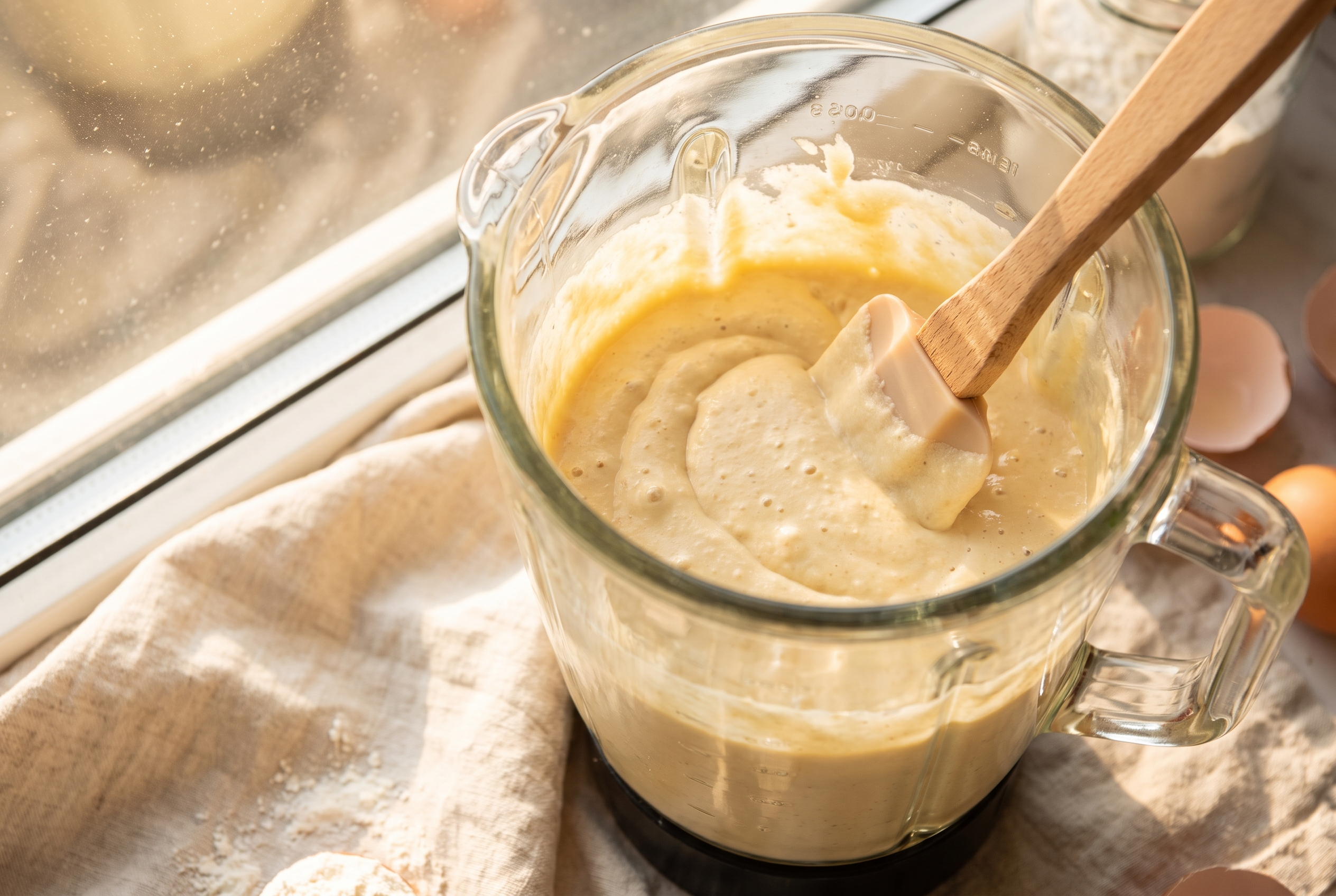 Smooth cottage cheese pancake batter in a blender jar with a spatula