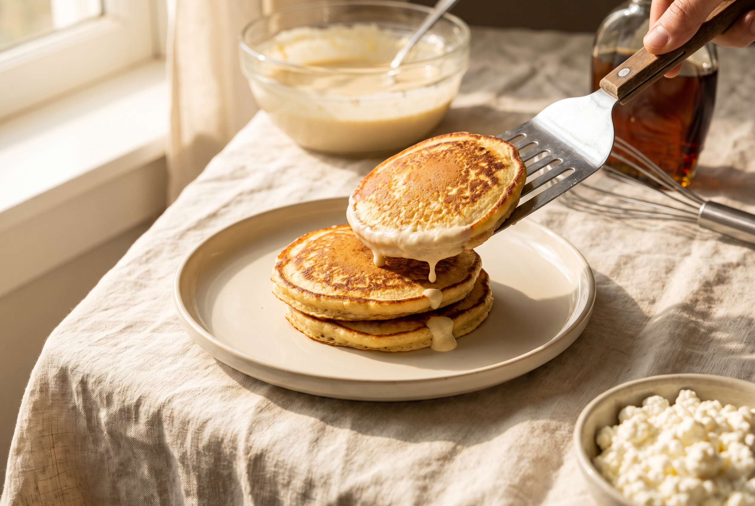 Golden cottage cheese protein pancakes being stacked onto a cream plate with a spatula