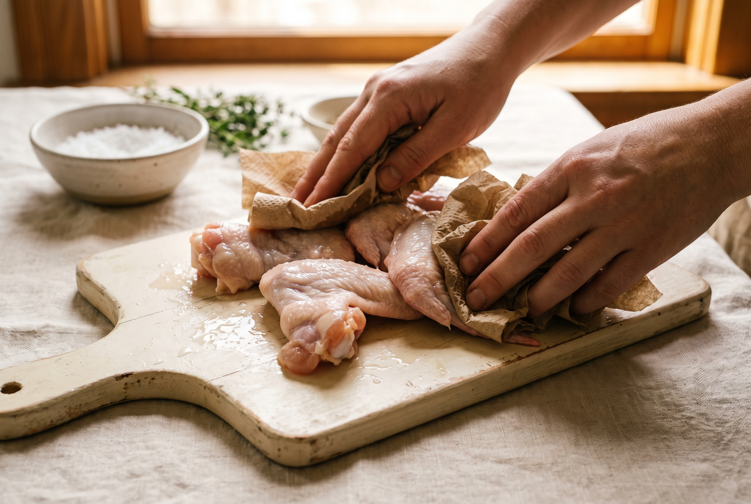 Raw chicken wings being patted dry with paper towels before air frying