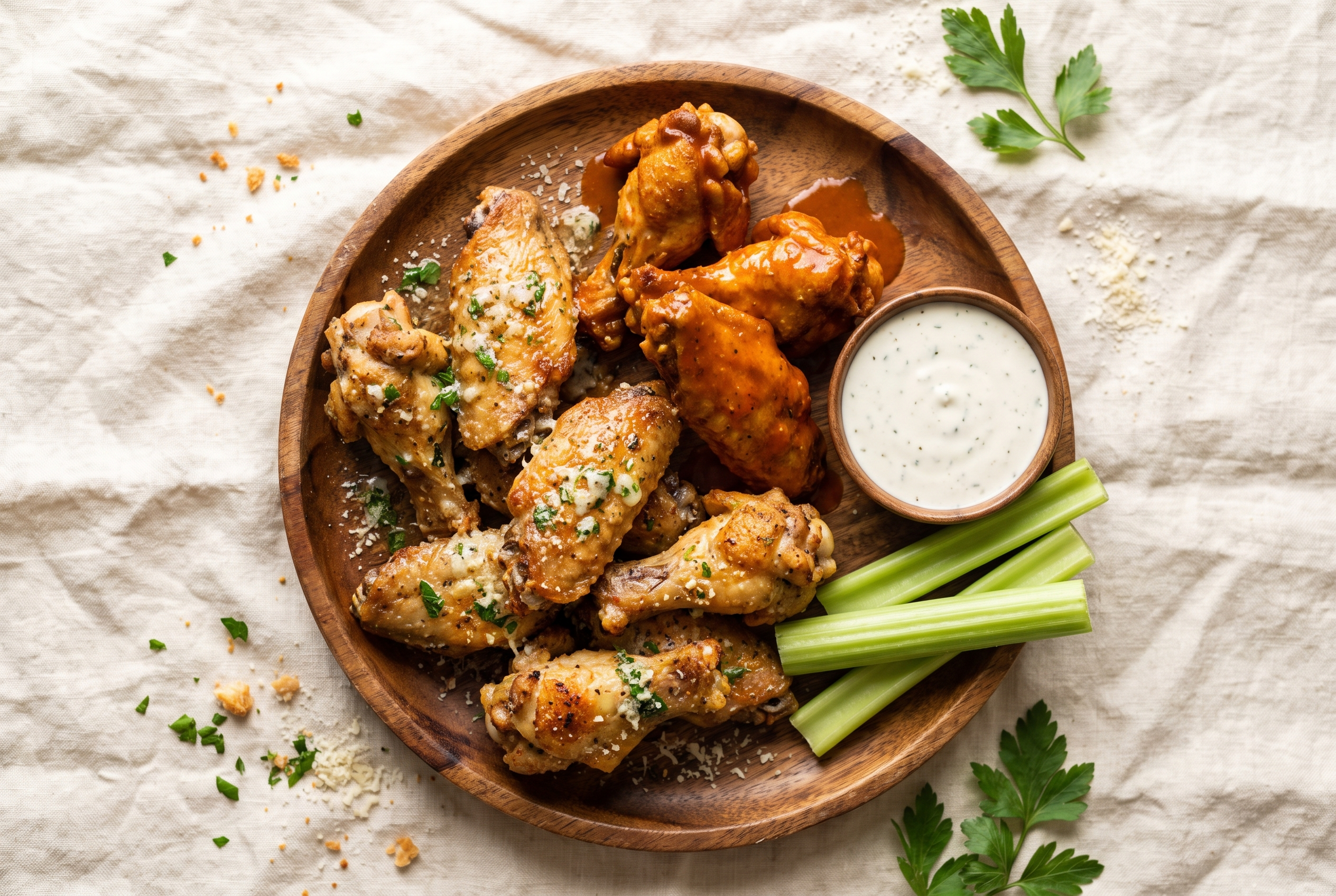 Crispy air fryer chicken wings on a rustic platter, half in garlic parmesan butter and half in buffalo sauce, with ranch and celery — easy 30-minute high protein recipe