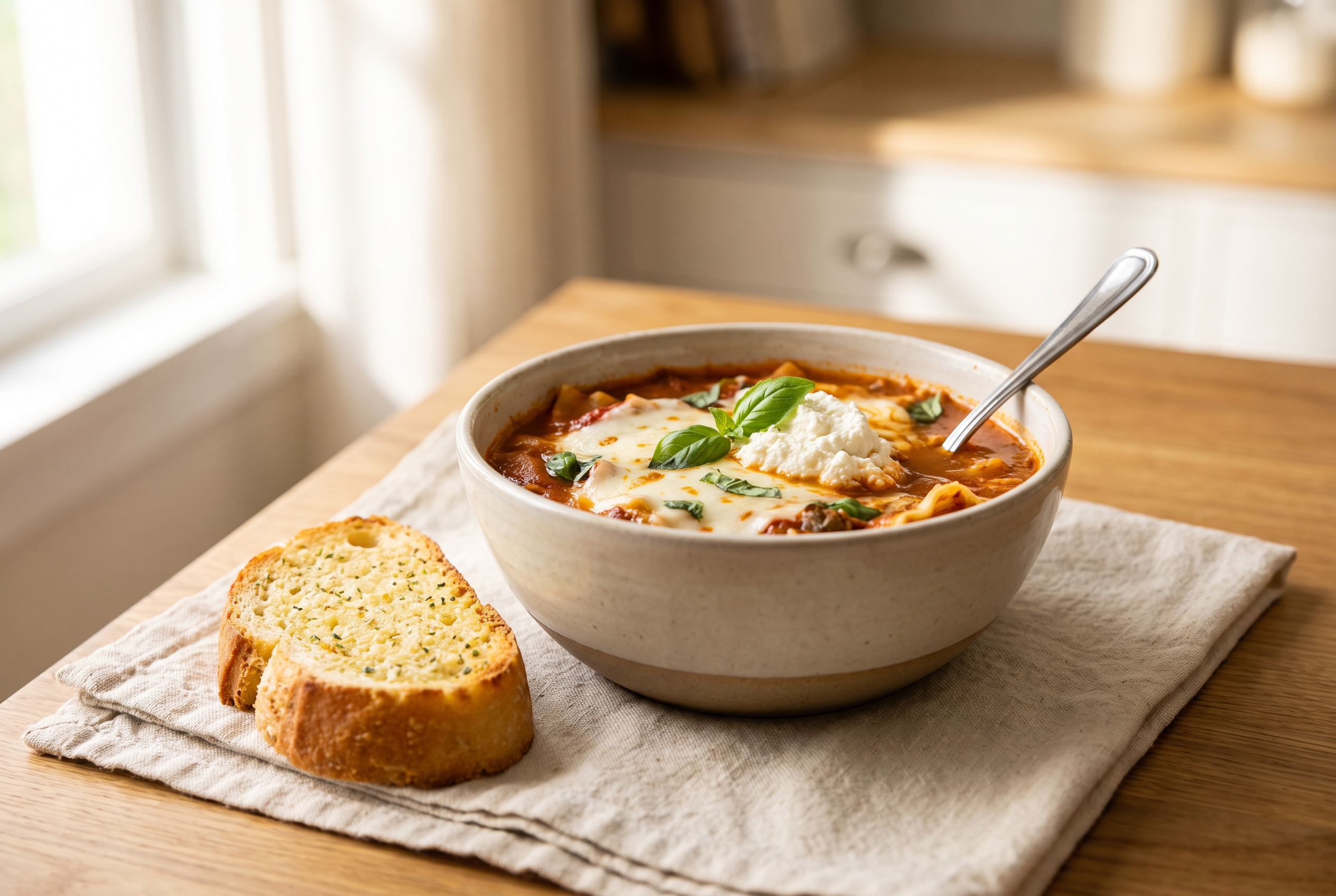 Finished bowl of lasagna soup with melted mozzarella, ricotta, basil and garlic bread — easy 35-minute comfort food dinner