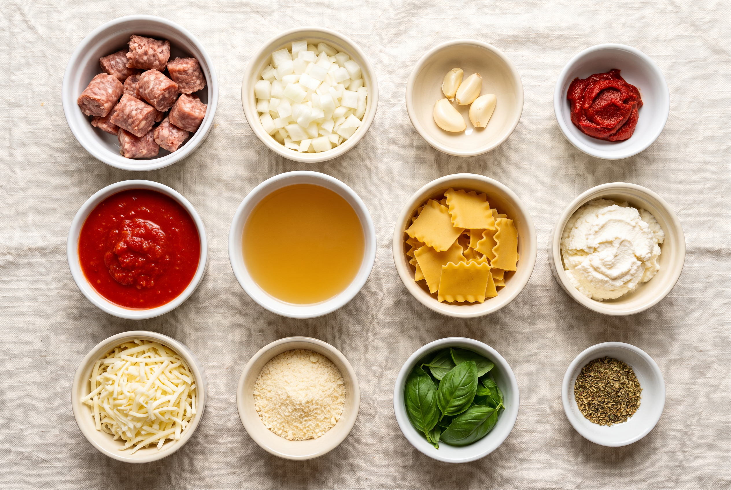 Ingredients for lasagna soup in small bowls — Italian sausage, onion, garlic, tomato paste, crushed tomatoes, chicken broth, broken lasagna noodles, ricotta, mozzarella, parmesan and fresh basil