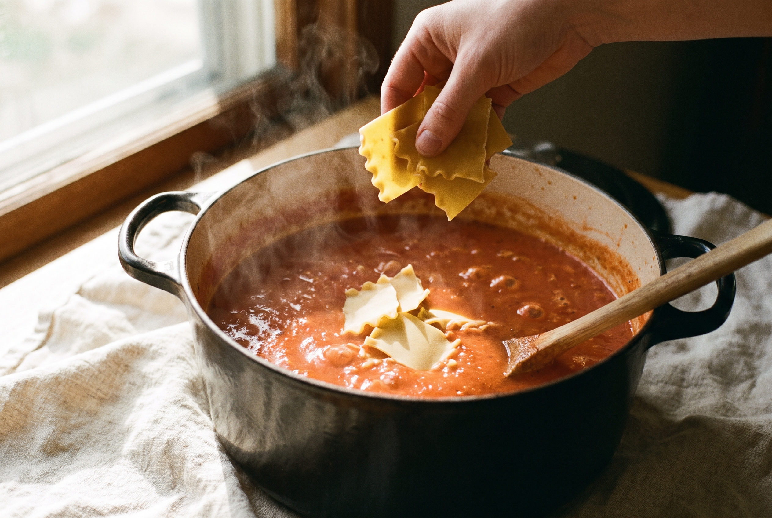 Broken lasagna noodles being added to simmering tomato soup in a Dutch oven
