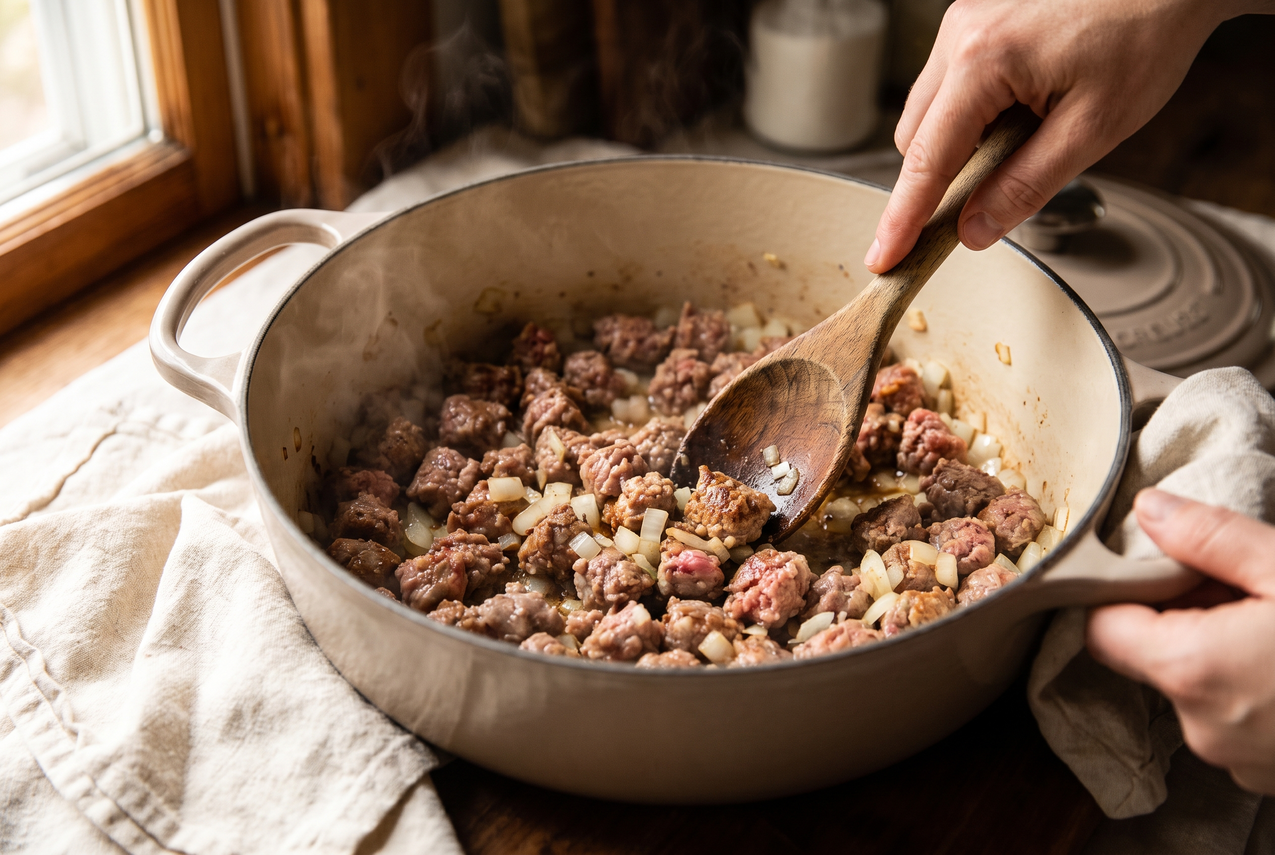 Italian sausage and diced onion browning in a Dutch oven for lasagna soup