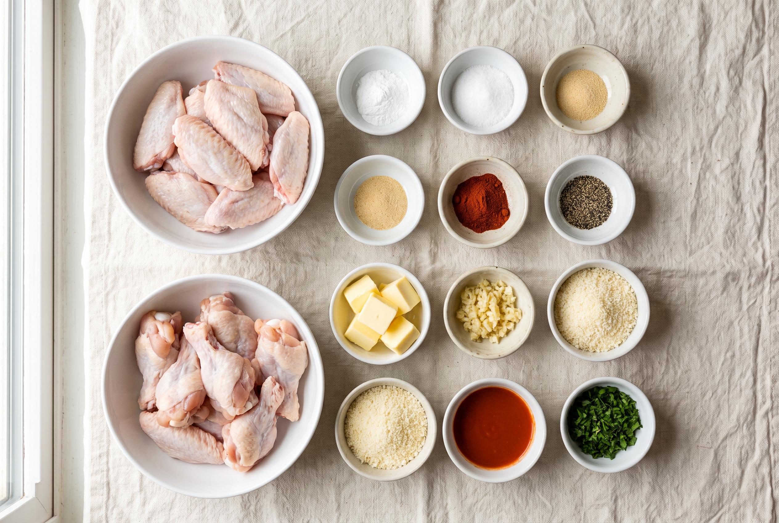 Ingredients for air fryer chicken wings in small bowls — chicken wing flats and drumettes, baking powder, salt, garlic powder, smoked paprika, pepper, butter, garlic, parmesan, hot sauce and parsley