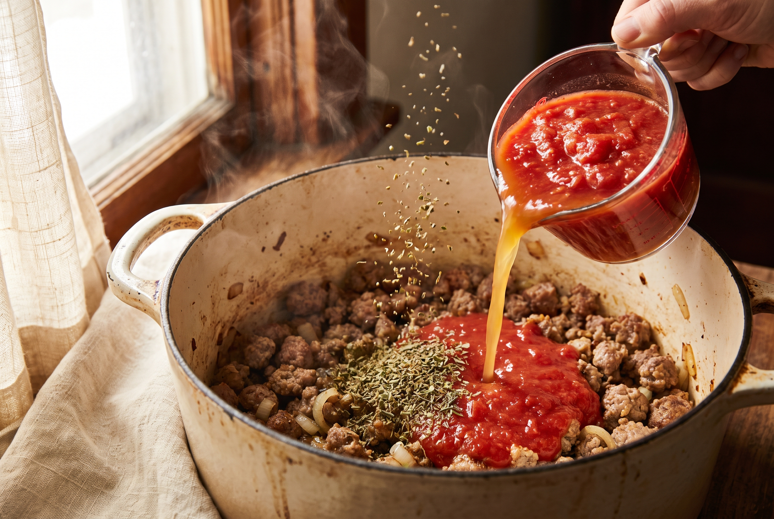 Crushed tomatoes and chicken broth being poured over browned sausage to make lasagna soup broth