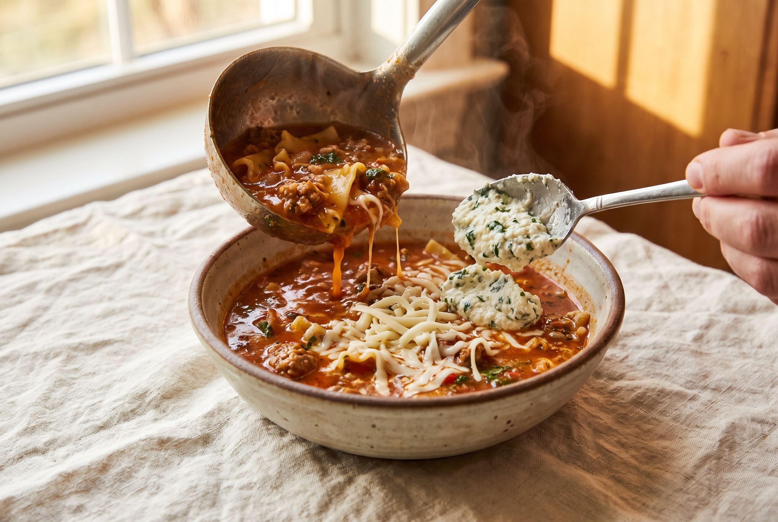 Lasagna soup being ladled into a bowl and topped with ricotta and melting mozzarella