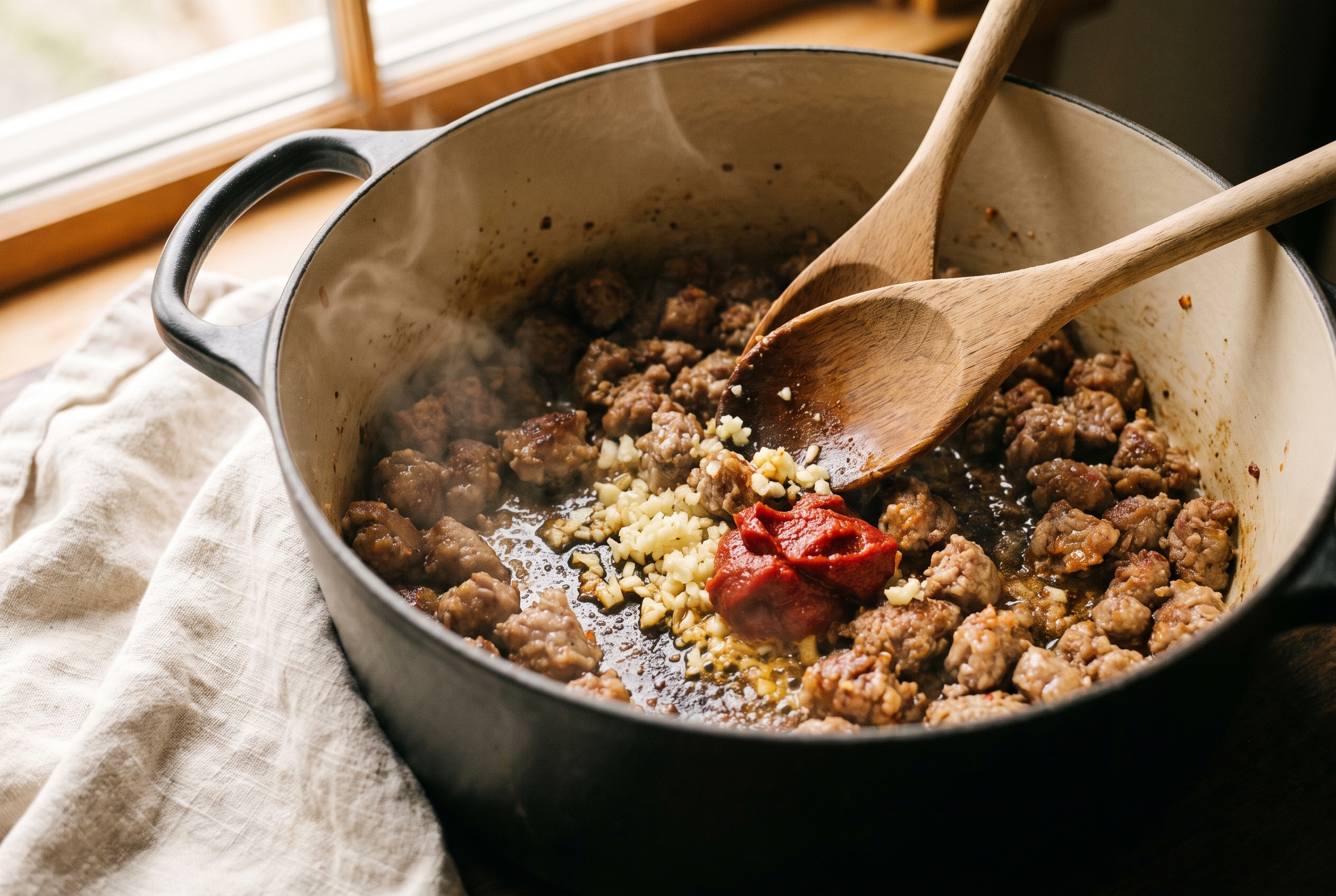 Garlic and tomato paste being stirred into browned sausage in a Dutch oven