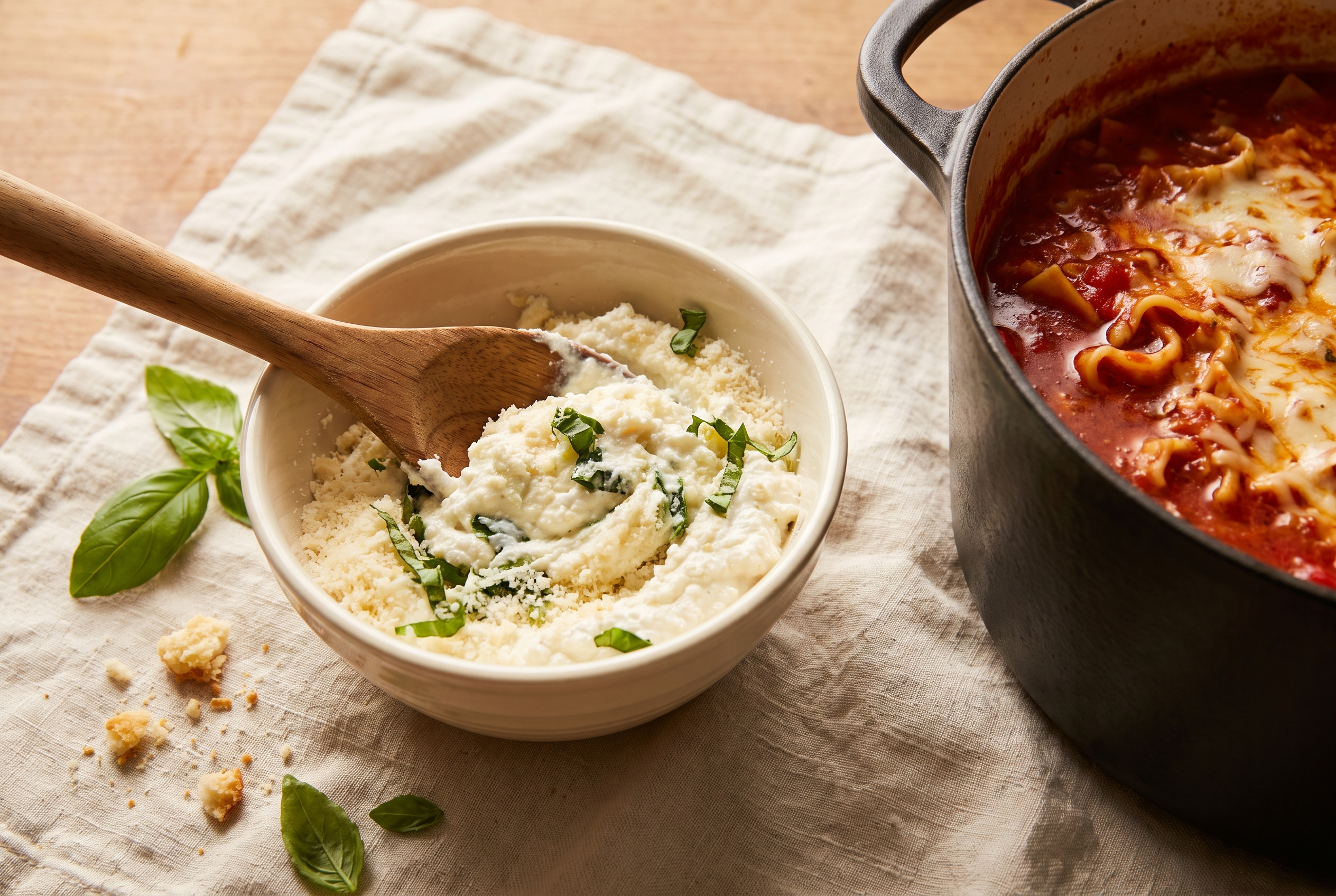 Ricotta, parmesan and basil being mixed in a small bowl for the lasagna soup topping