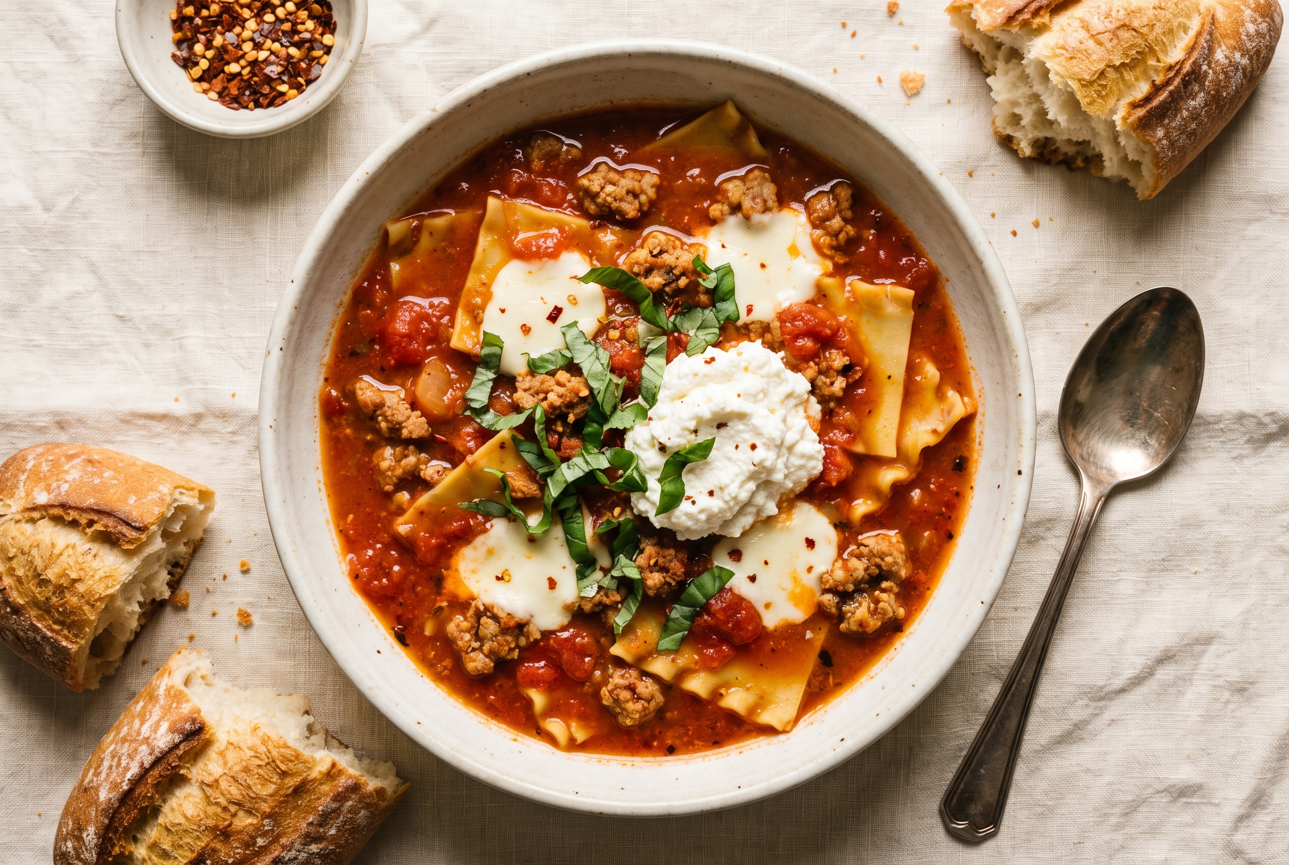 Lasagna soup — rich tomato broth with broken lasagna noodles, Italian sausage, melted mozzarella and a ricotta dollop in a rustic bowl, easy one pot comfort food dinner