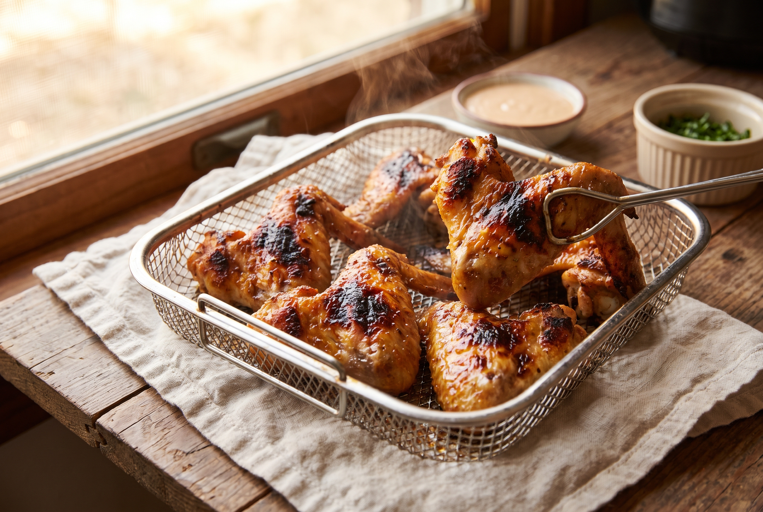Deeply golden, crispy, blistered chicken wings in an air fryer basket after the final high-heat crisp