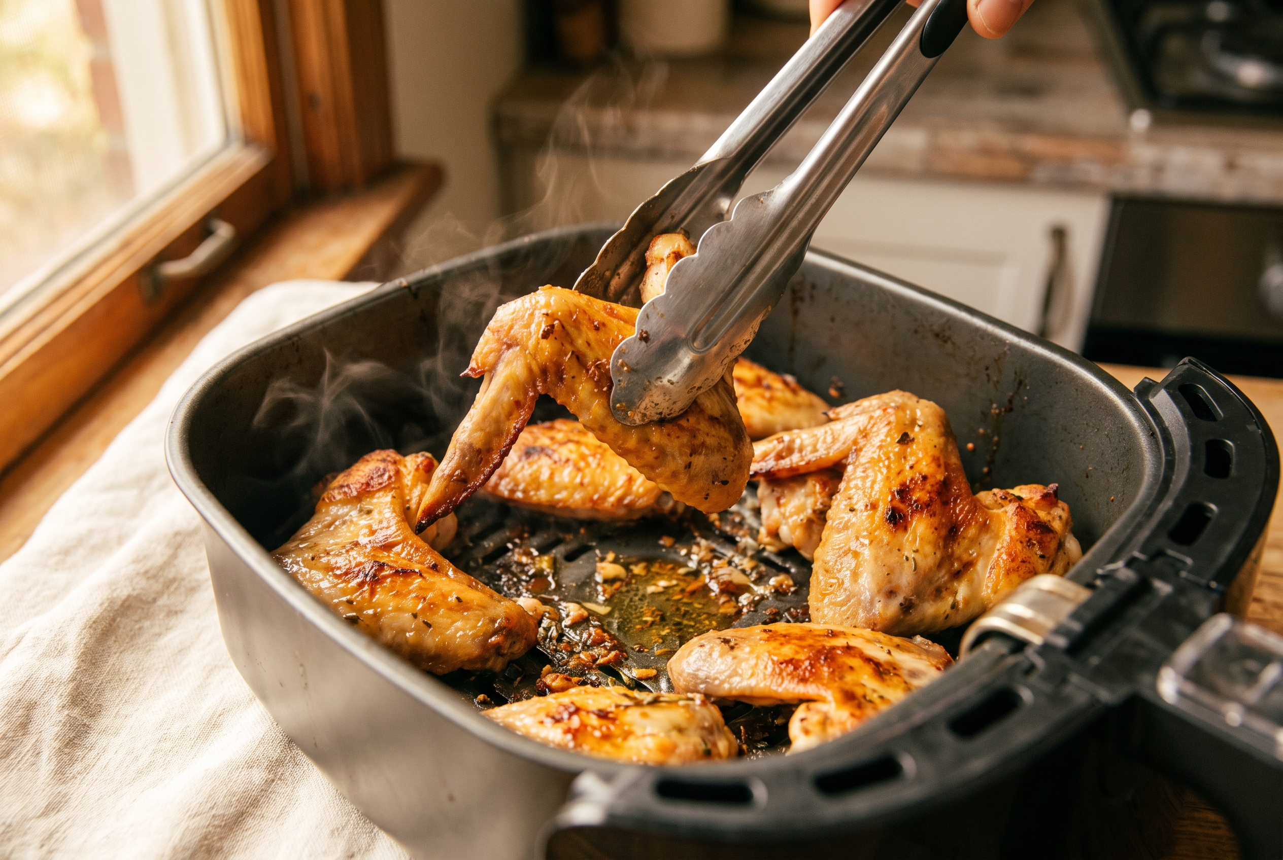 Tongs flipping golden chicken wings in an air fryer basket halfway through cooking