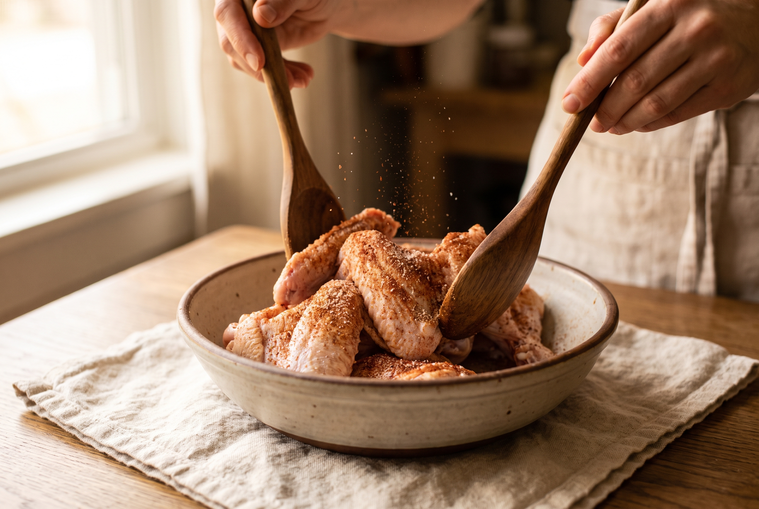 Chicken wings being tossed with baking powder, salt, garlic powder and smoked paprika in a large bowl