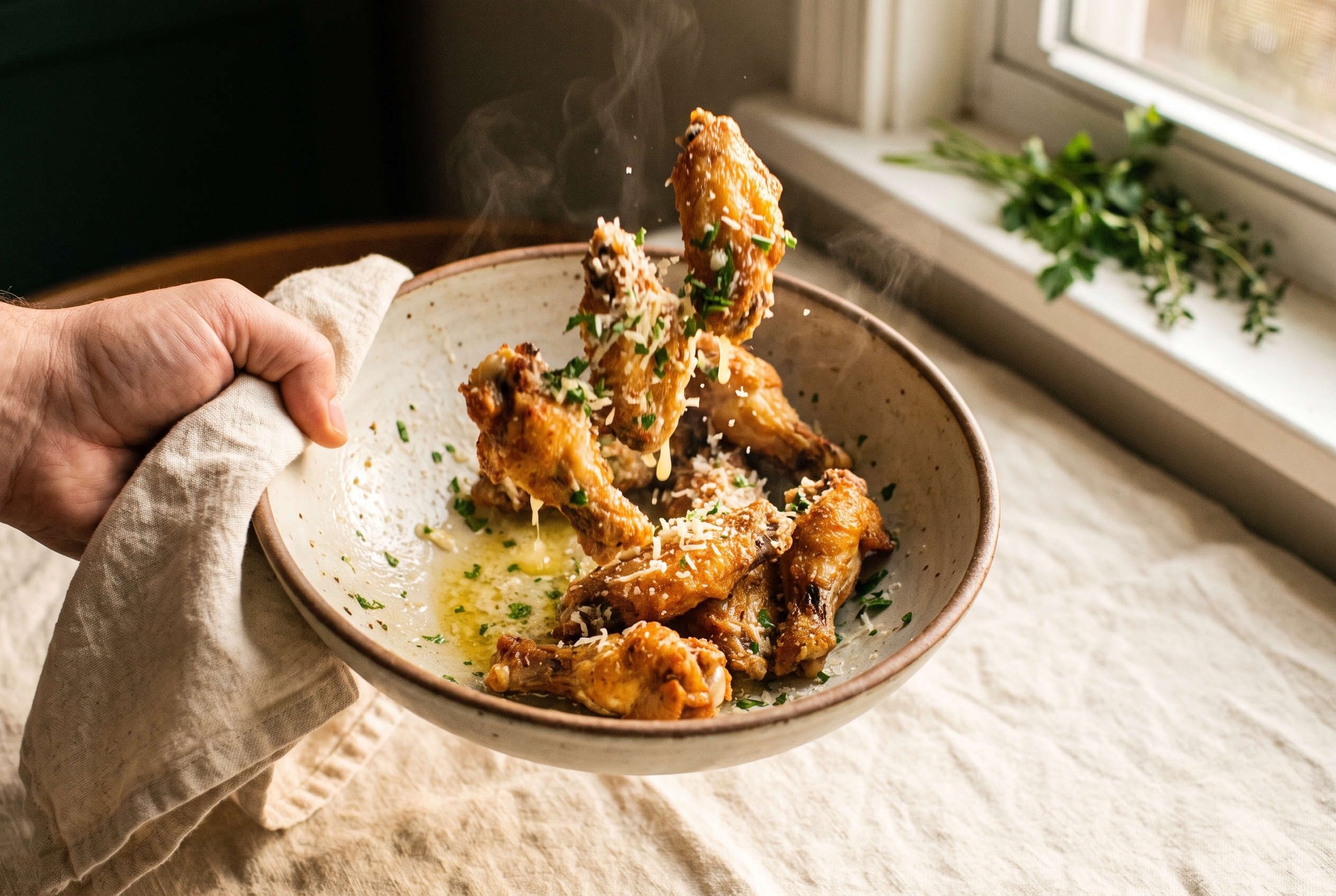 Crispy air fryer chicken wings being tossed in garlic butter, parmesan and parsley